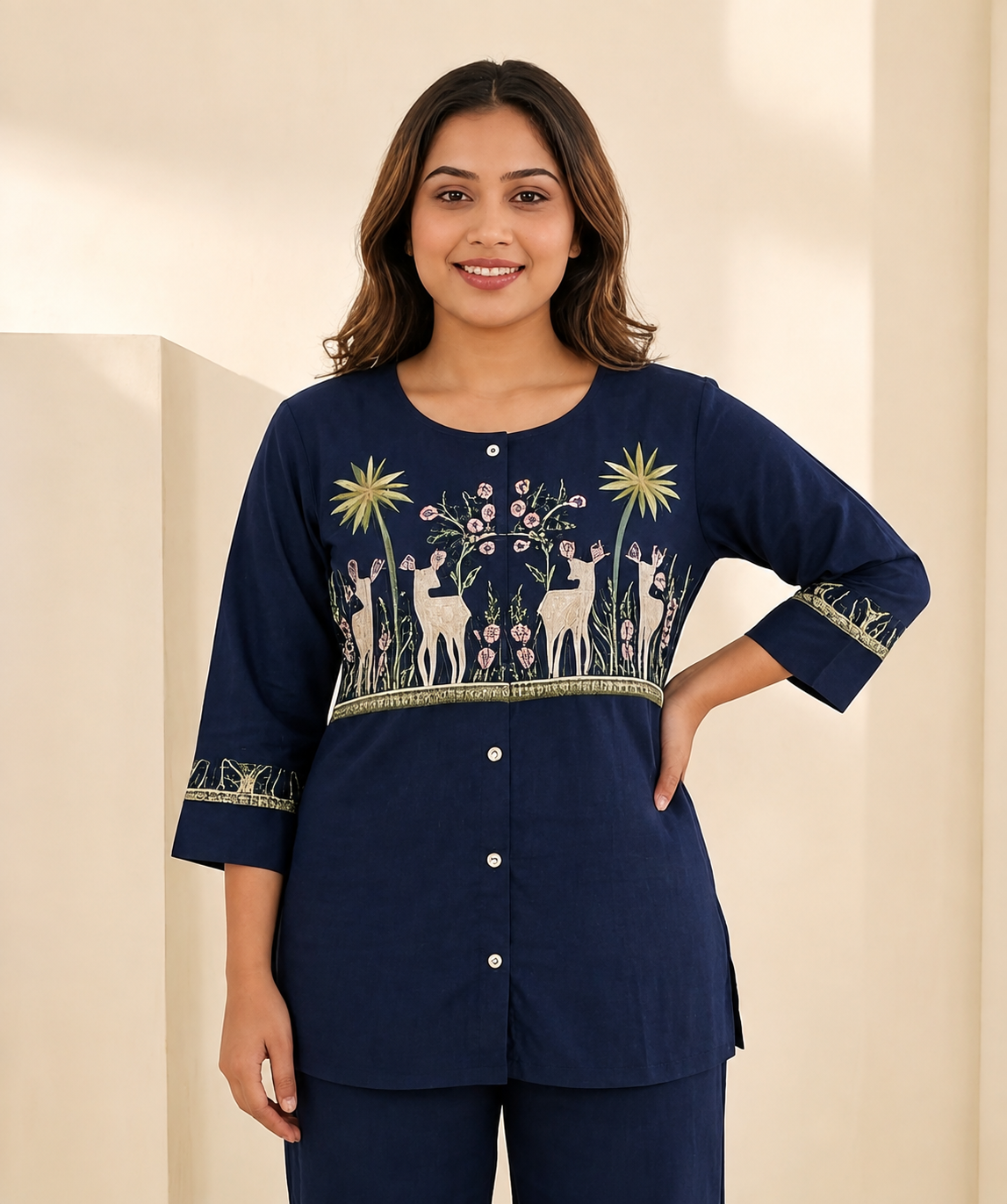 Women’s Navy Blue Printed Cotton Co-Ord Set | 3/4 Sleeve Embroidered Kurta Top & Wide-Leg Pants Set