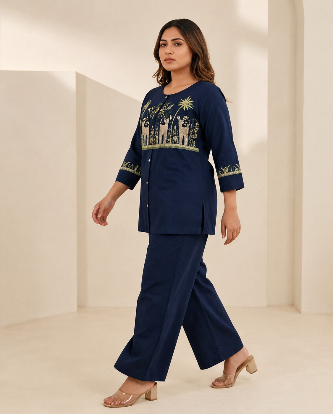 Women’s Navy Blue Printed Cotton Co-Ord Set | 3/4 Sleeve Embroidered Kurta Top & Wide-Leg Pants Set