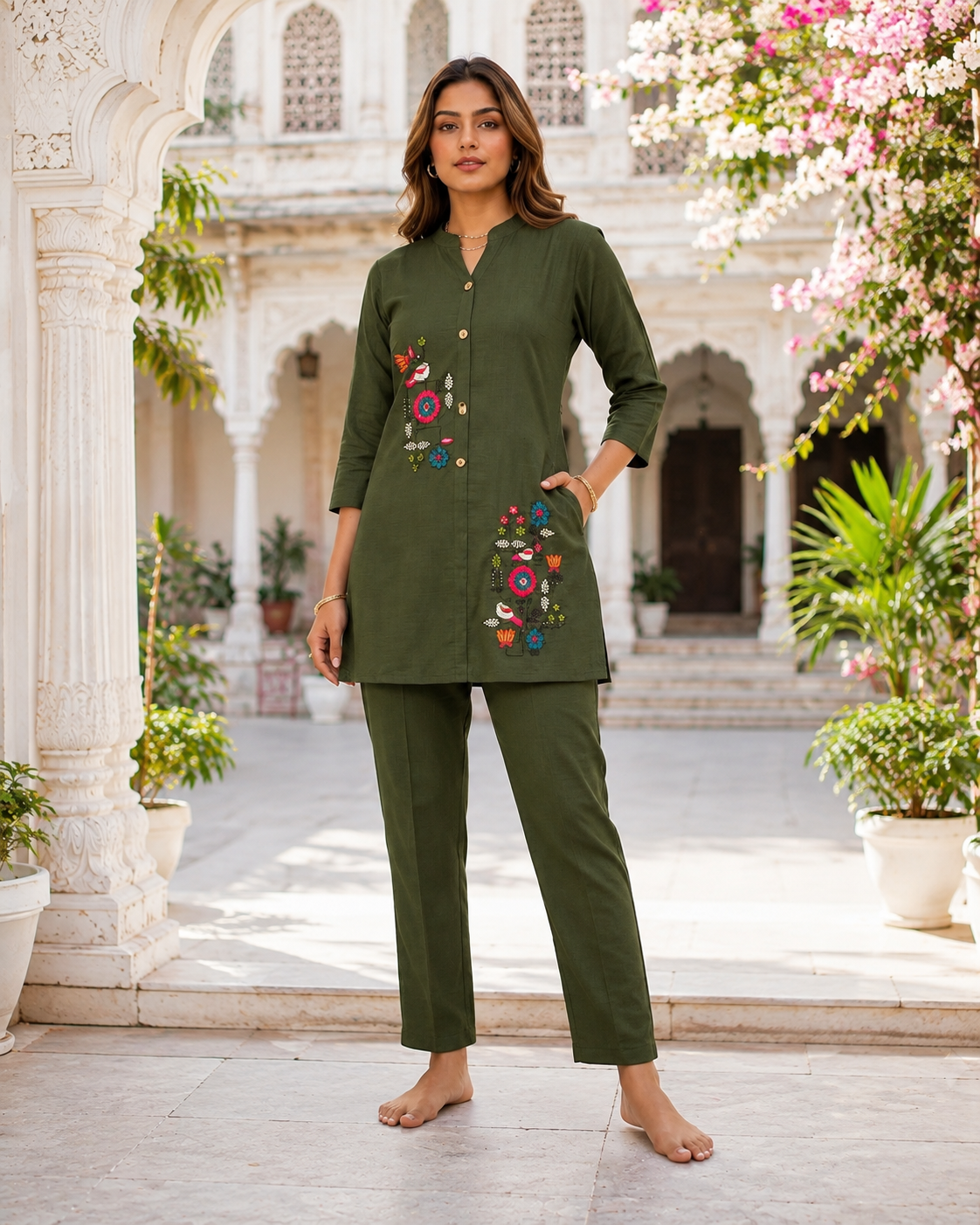 Women's Olive Green Embroidered Cotton Kurta Pant Co-Ord Set | Straight Fit | 3/4 Sleeves | Casual & Festive Ethnic Wear
