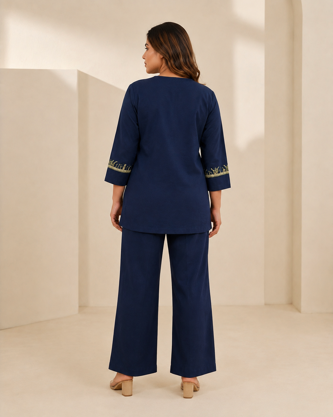 Women’s Navy Blue Printed Cotton Co-Ord Set | 3/4 Sleeve Embroidered Kurta Top & Wide-Leg Pants Set