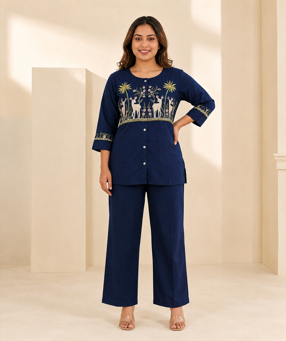 Women’s Navy Blue Printed Cotton Co-Ord Set | 3/4 Sleeve Embroidered Kurta Top & Wide-Leg Pants Set