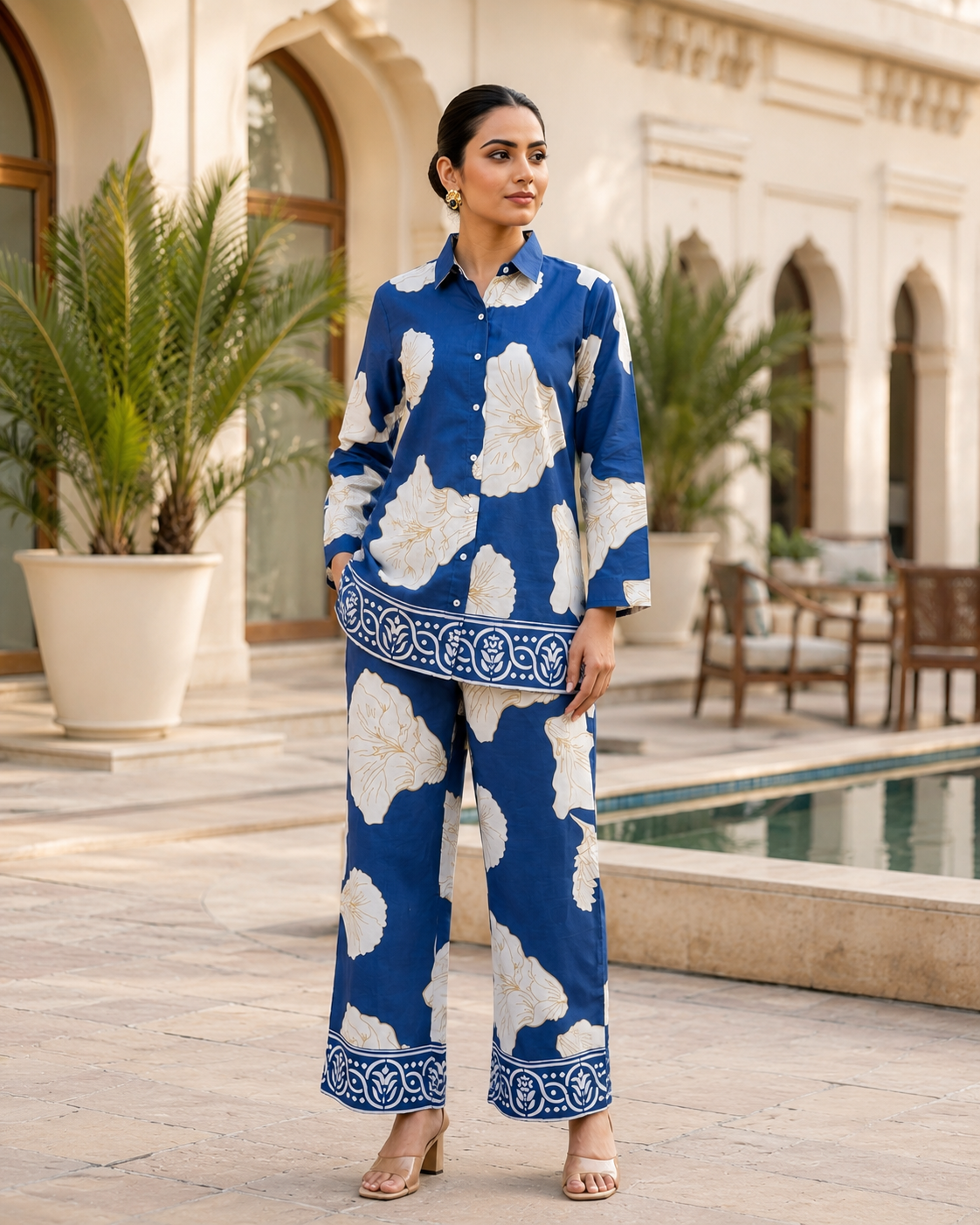 Women's Blue Floral Printed Cotton Co-Ord Set | Full Sleeve Shirt & Straight Pant | Casual & Stylish Outfit