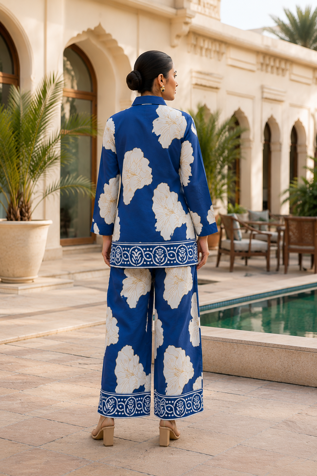 Women's Blue Floral Printed Cotton Co-Ord Set | Full Sleeve Shirt & Straight Pant | Casual & Stylish Outfit