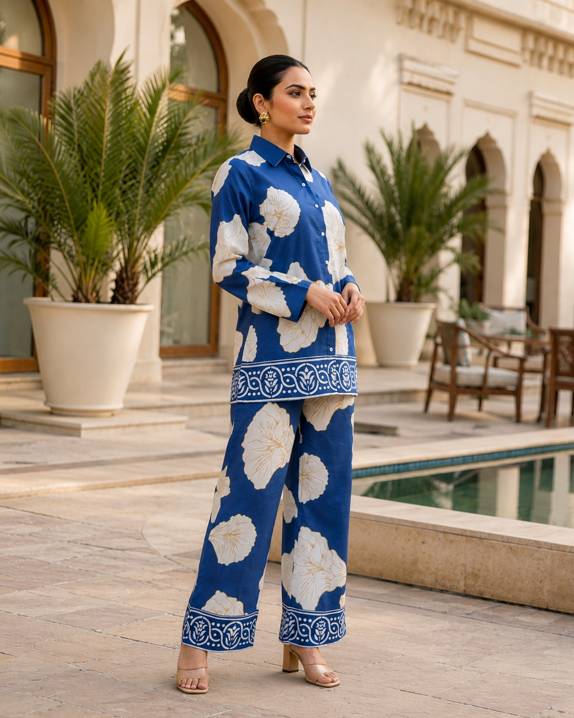 Women's Blue Floral Printed Cotton Co-Ord Set | Full Sleeve Shirt & Straight Pant | Casual & Stylish Outfit