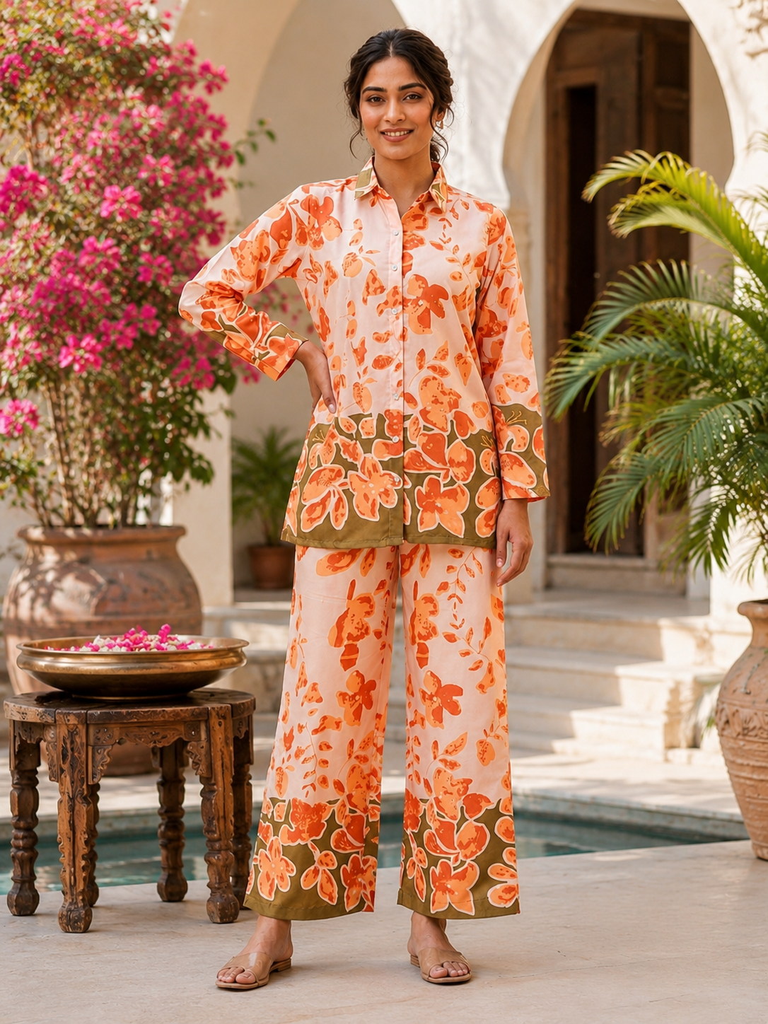 Women's Peach & Orange Floral Printed Co-Ord Set | Full Sleeve Shirt with Wide-Leg Pants | Premium Casual Wear