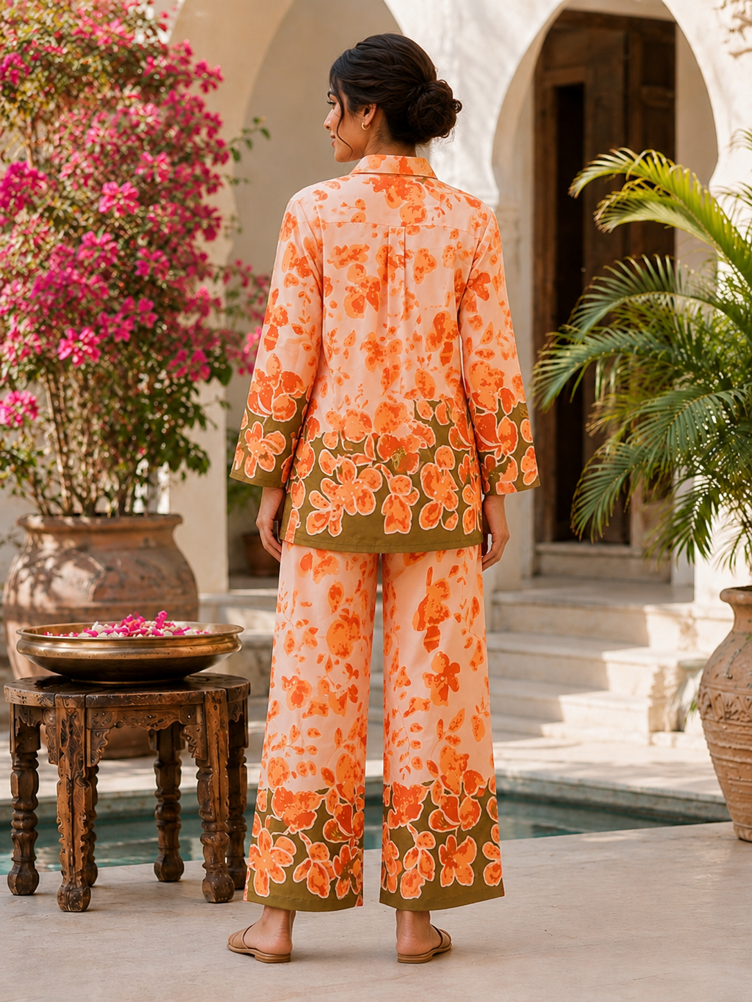 Women's Peach & Orange Floral Printed Co-Ord Set | Full Sleeve Shirt with Wide-Leg Pants | Premium Casual Wear