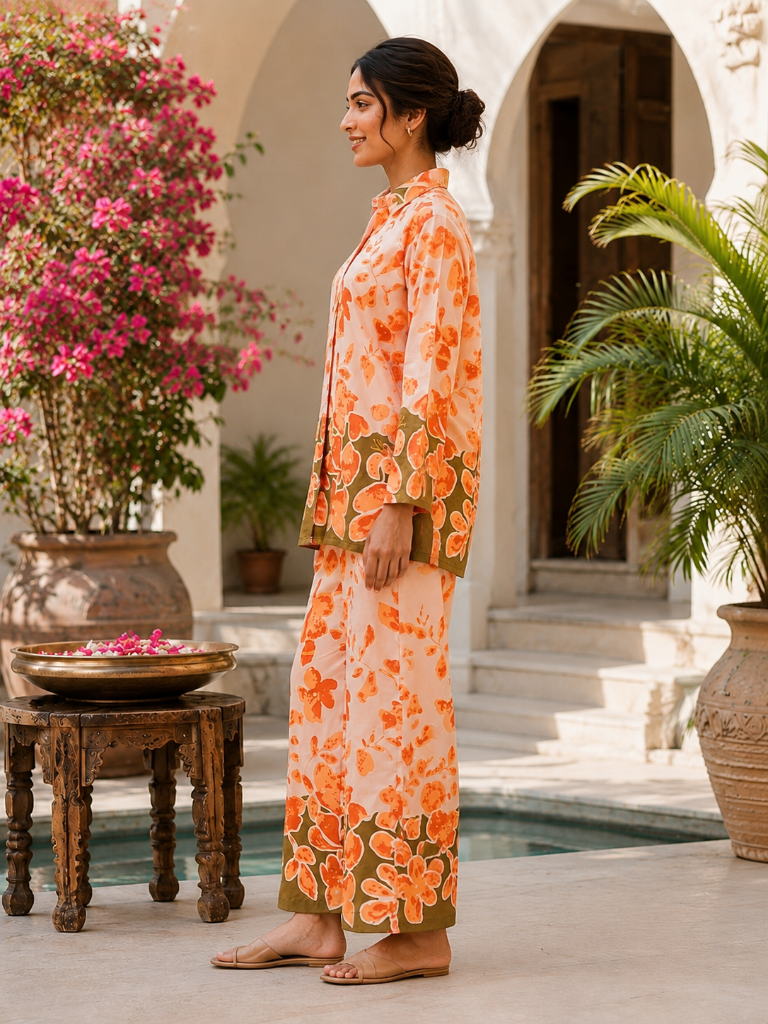 Women's Peach & Orange Floral Printed Co-Ord Set | Full Sleeve Shirt with Wide-Leg Pants | Premium Casual Wear