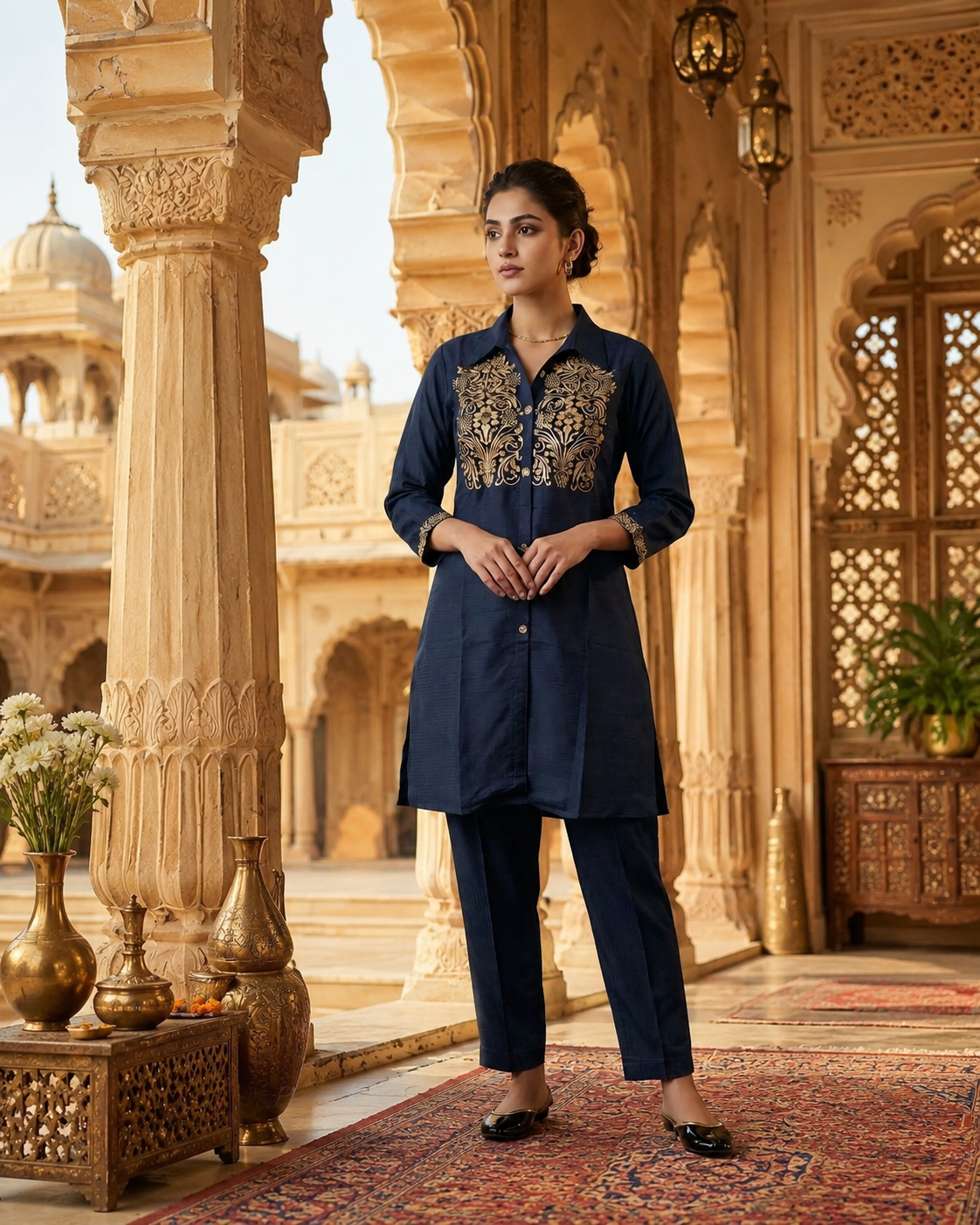 Elegant Navy Blue Embroidered Cotton Co-Ord Set for Women | Premium Kurta & Pant Set