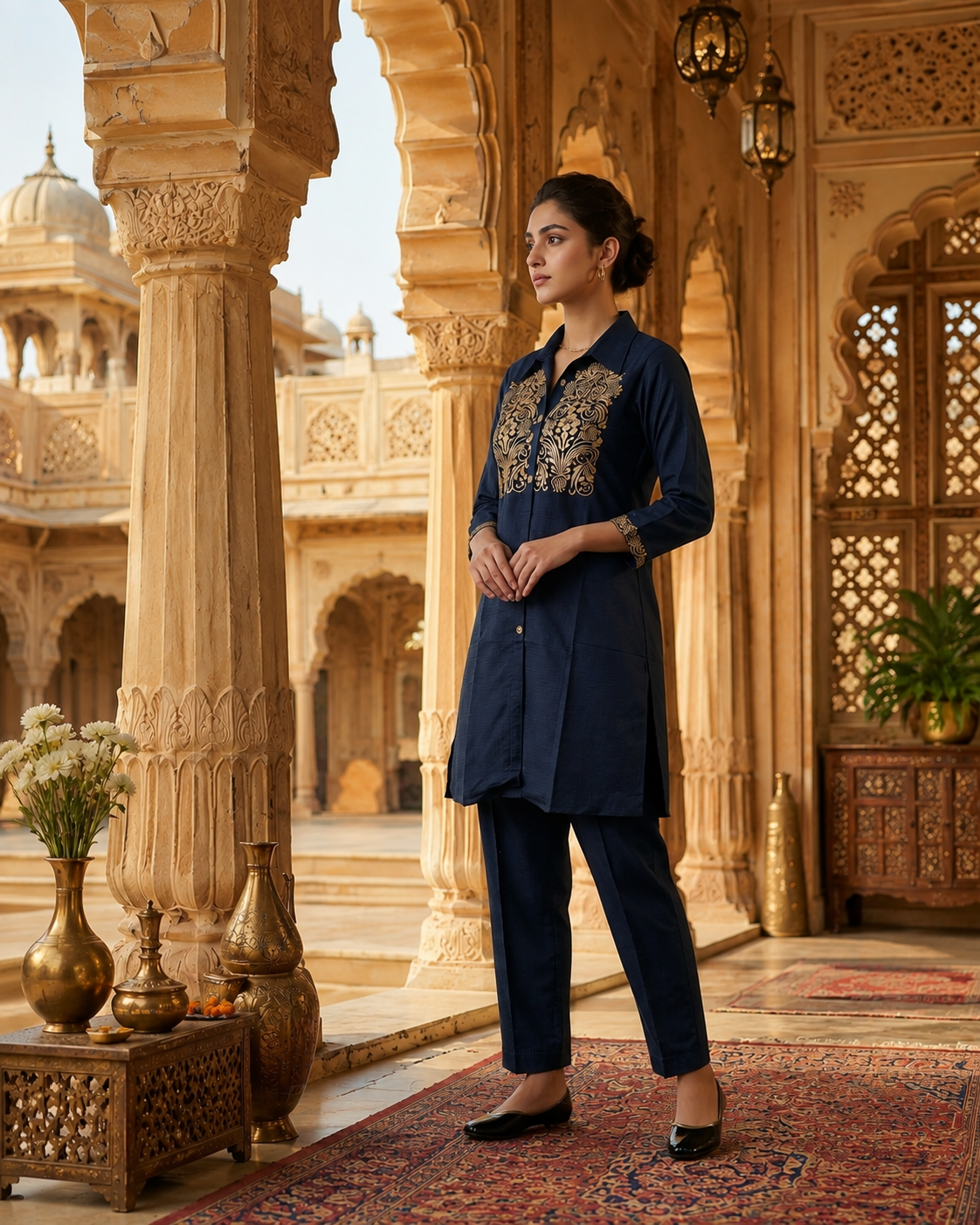 Elegant Navy Blue Embroidered Cotton Co-Ord Set for Women | Premium Kurta & Pant Set