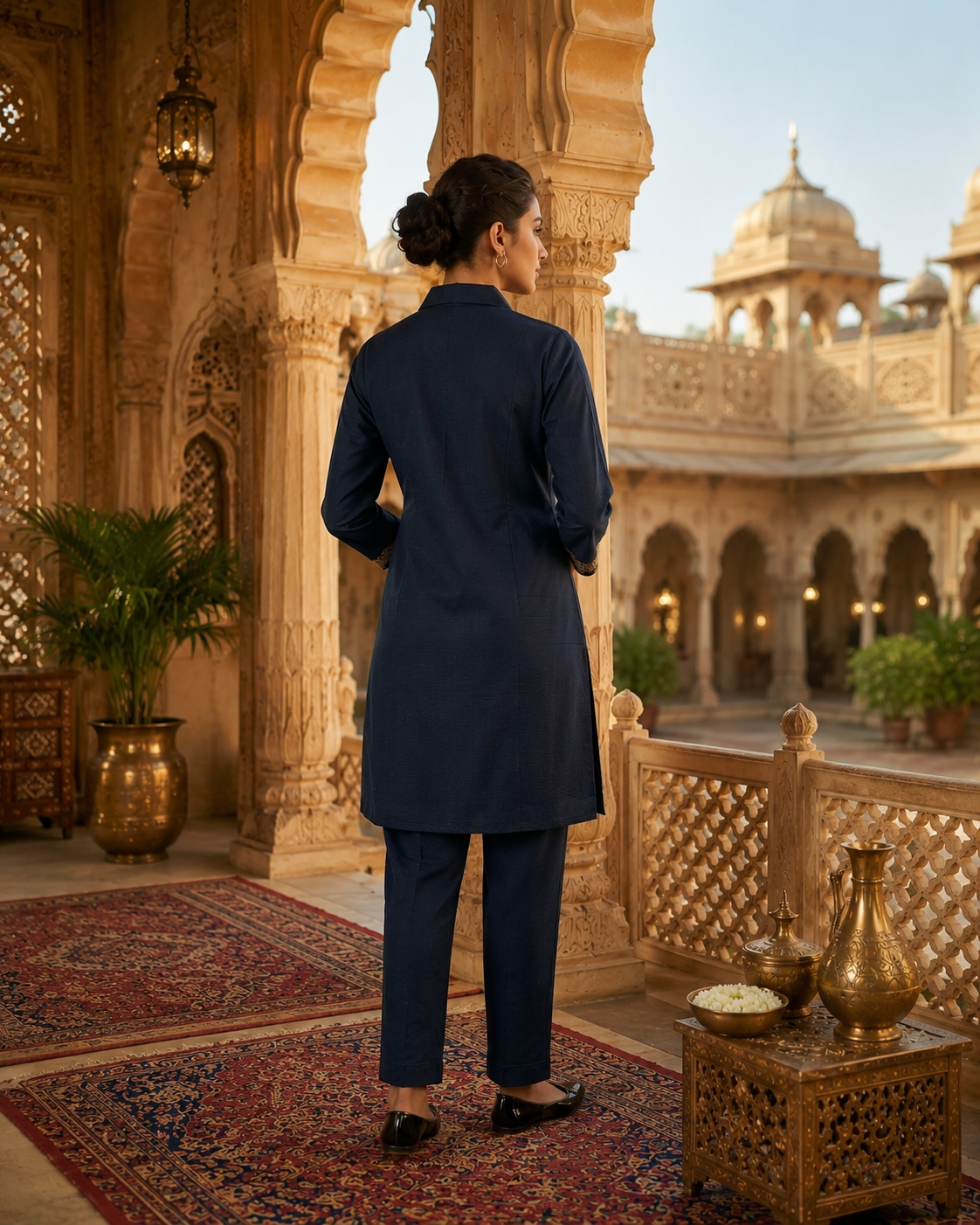 Elegant Navy Blue Embroidered Cotton Co-Ord Set for Women | Premium Kurta & Pant Set