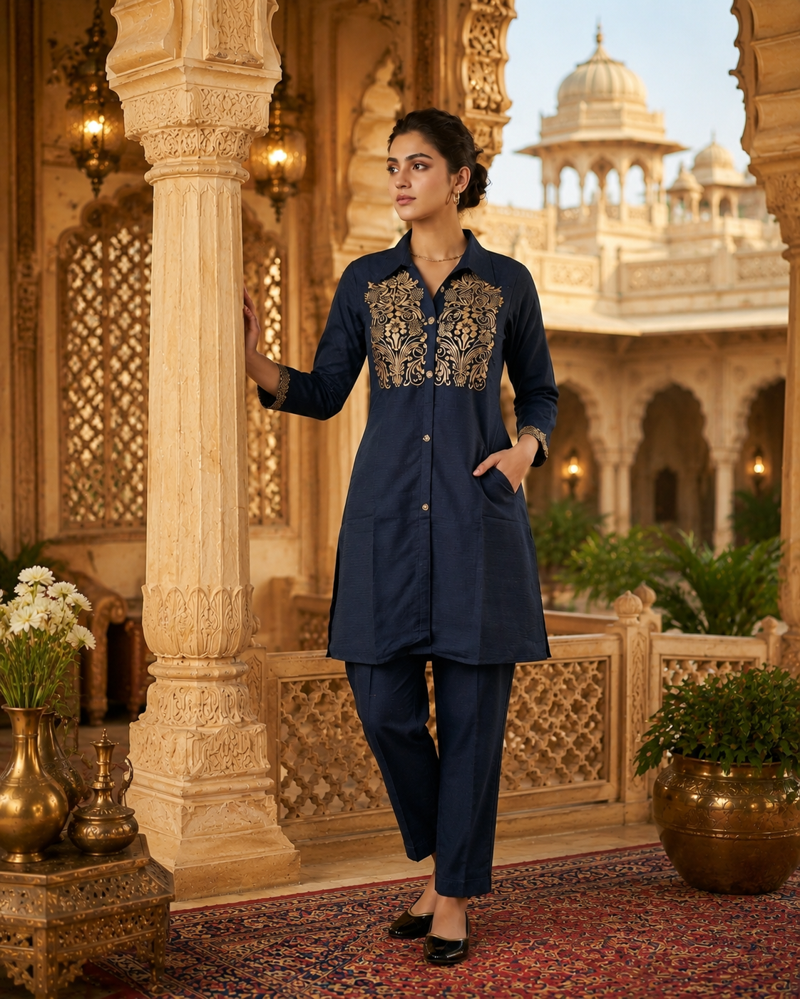 Elegant Navy Blue Embroidered Cotton Co-Ord Set for Women | Premium Kurta & Pant Set