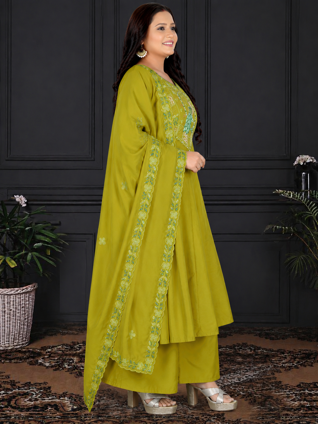 Women's Mustard Yellow Embroidered A-Line Kurta Set with Palazzo & Embroidered Dupatta