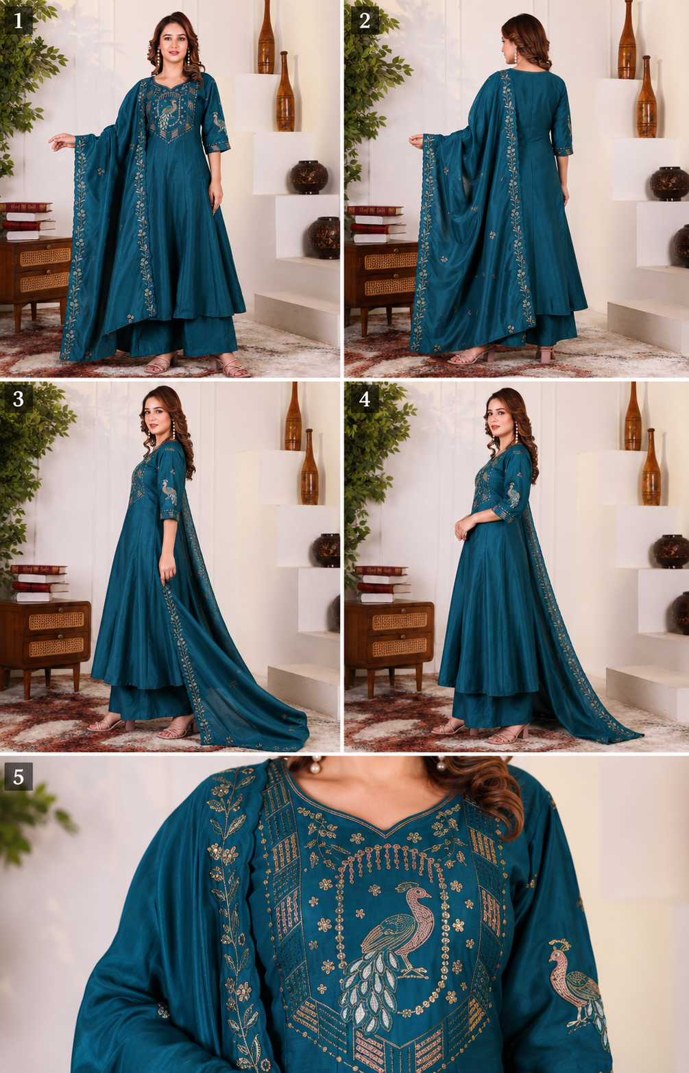 Women's Teal Blue Embroidered A-Line Kurta Set with Palazzo & Embroidered Dupatta