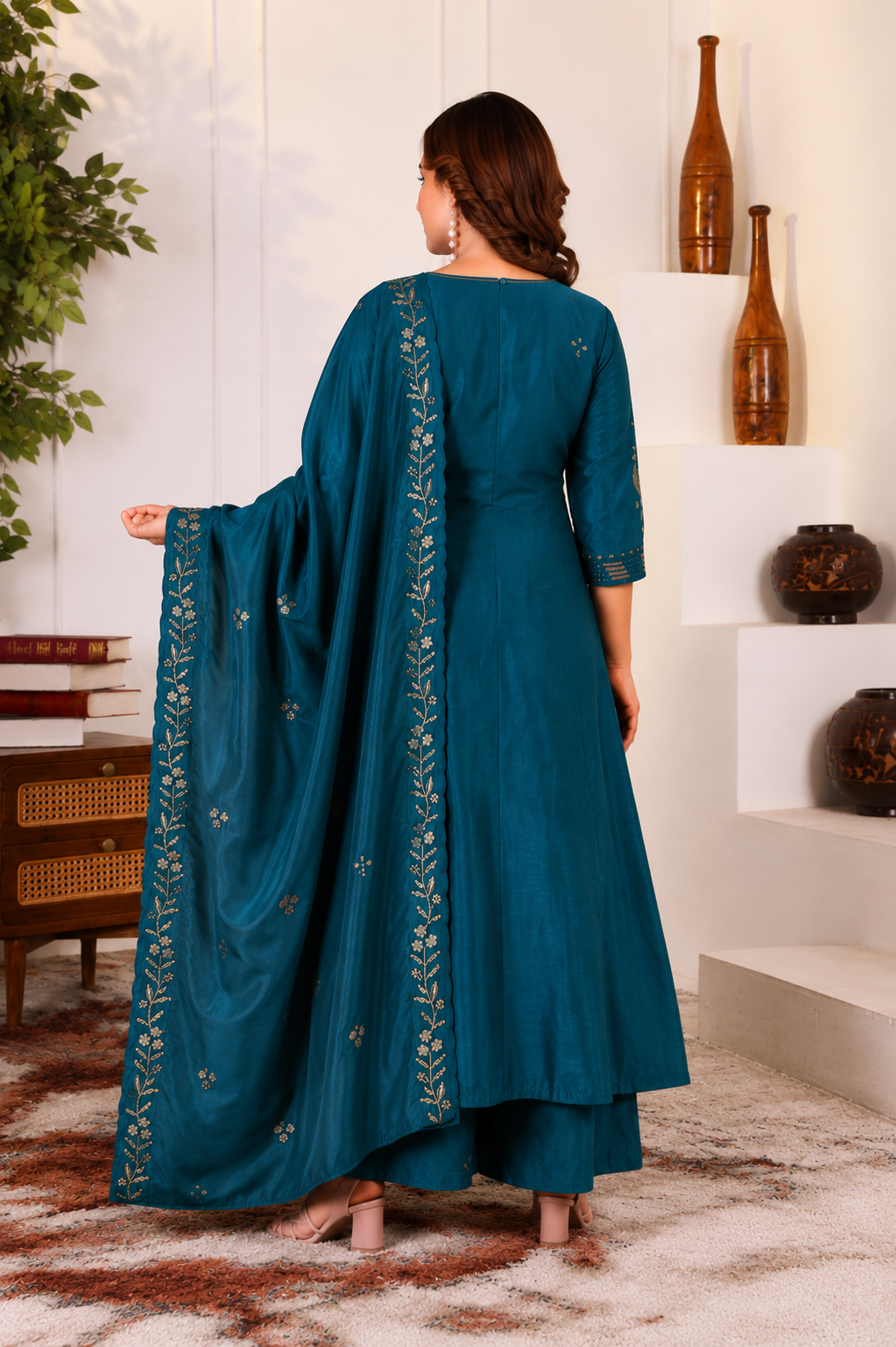 Women's Teal Blue Embroidered A-Line Kurta Set with Palazzo & Embroidered Dupatta