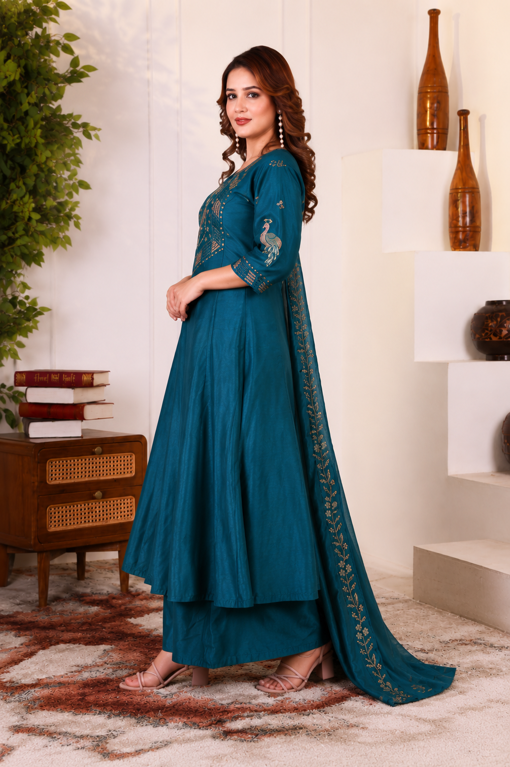 Women's Teal Blue Embroidered A-Line Kurta Set with Palazzo & Embroidered Dupatta