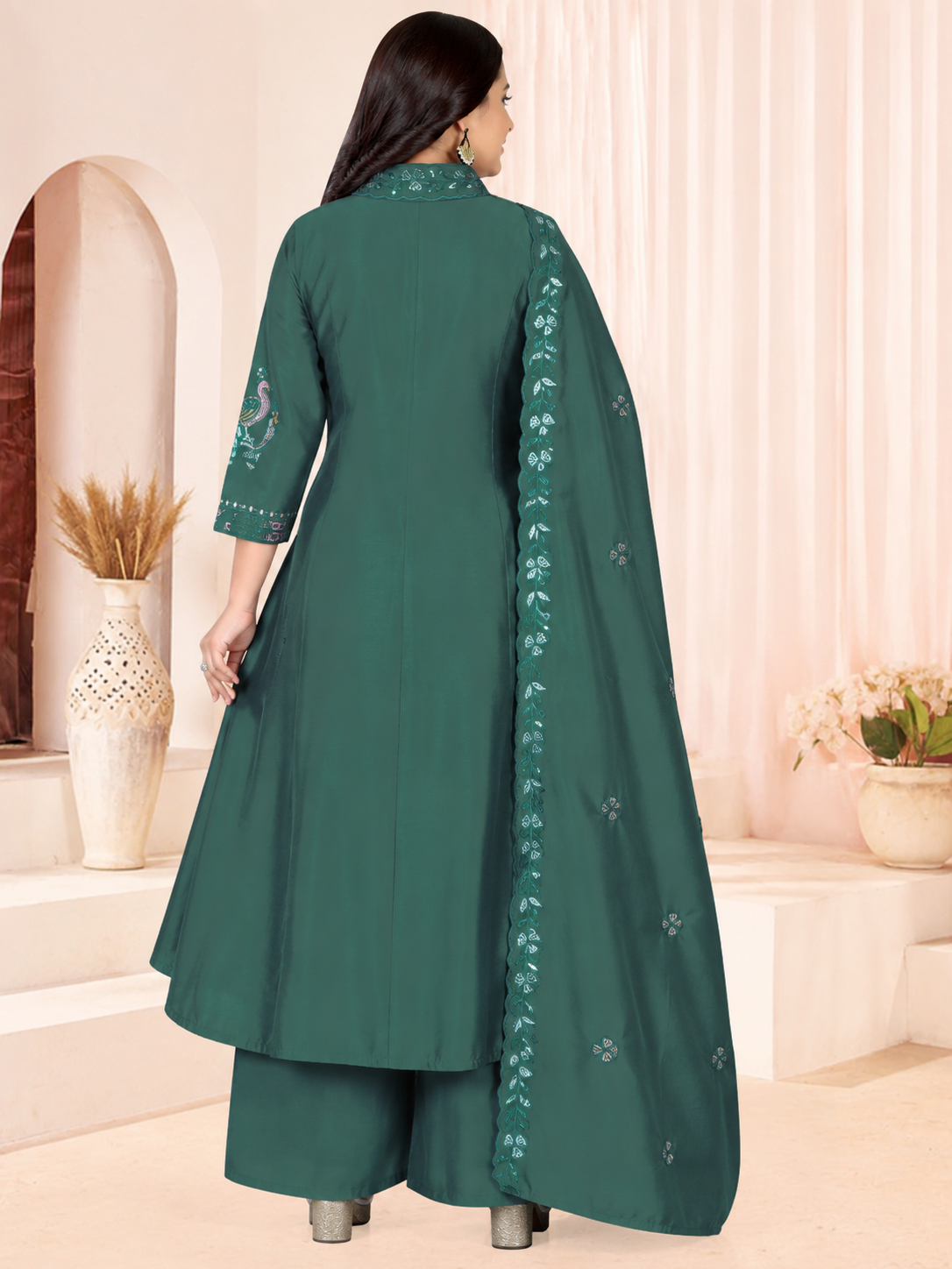 Women's Dark Teal Green Embroidered A-Line Kurta Set with Palazzo & Embroidered Dupatta