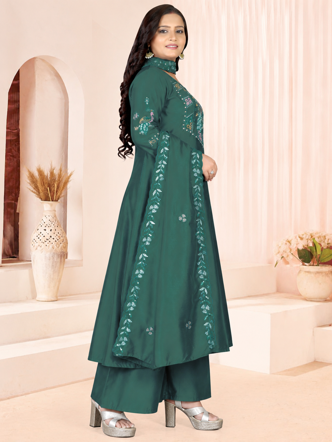 Women's Dark Teal Green Embroidered A-Line Kurta Set with Palazzo & Embroidered Dupatta