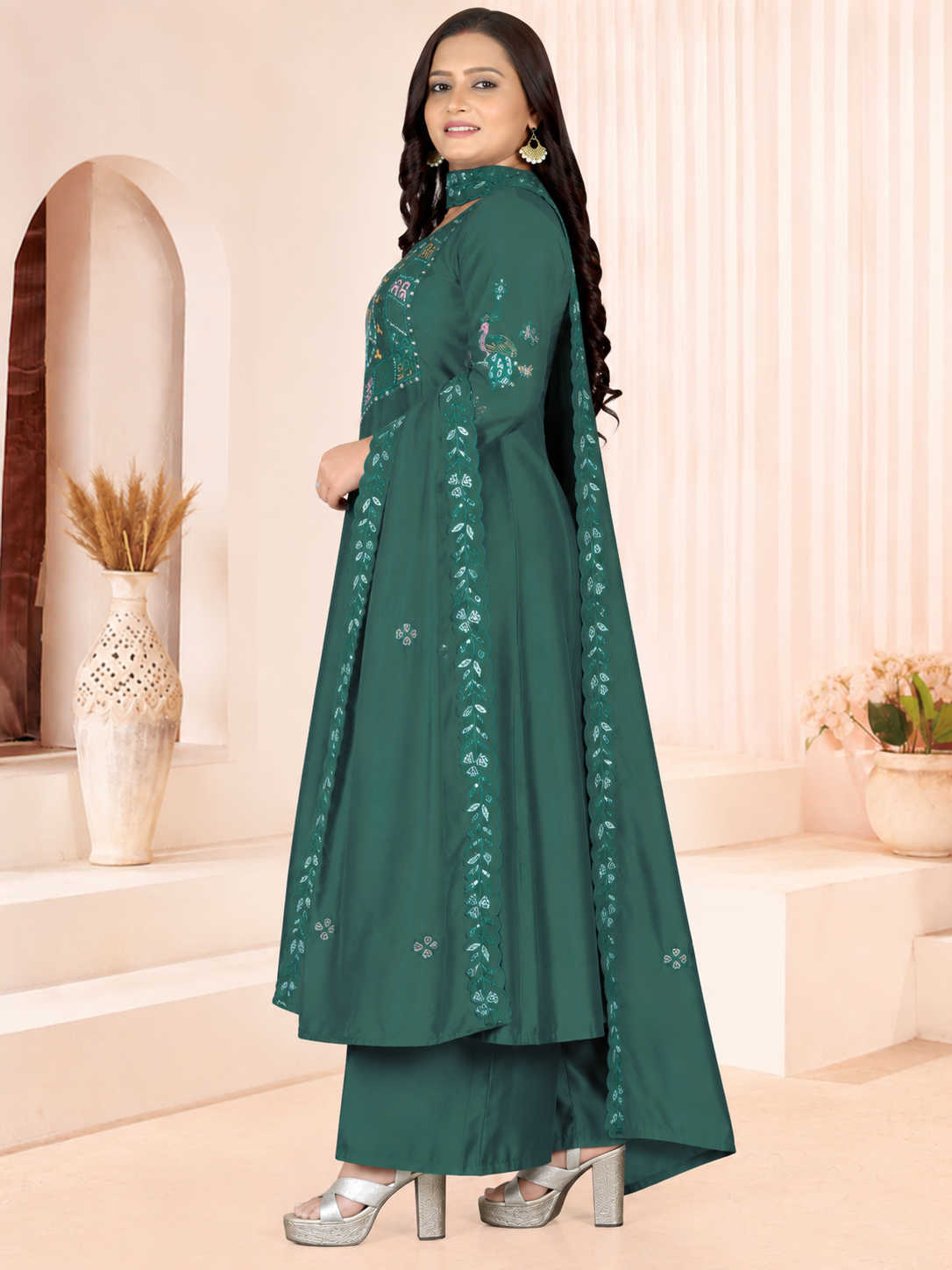 Women's Dark Teal Green Embroidered A-Line Kurta Set with Palazzo & Embroidered Dupatta