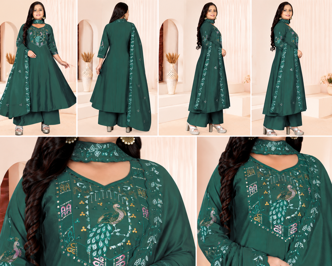 Women's Dark Teal Green Embroidered A-Line Kurta Set with Palazzo & Embroidered Dupatta