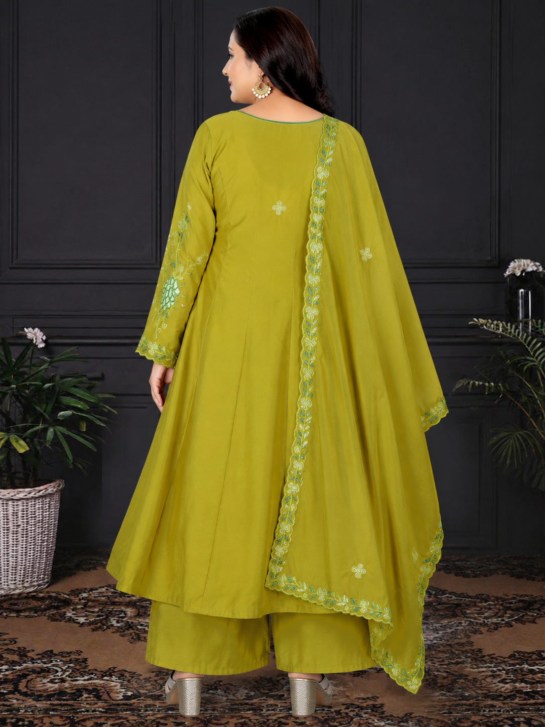 Women's Mustard Yellow Embroidered A-Line Kurta Set with Palazzo & Embroidered Dupatta