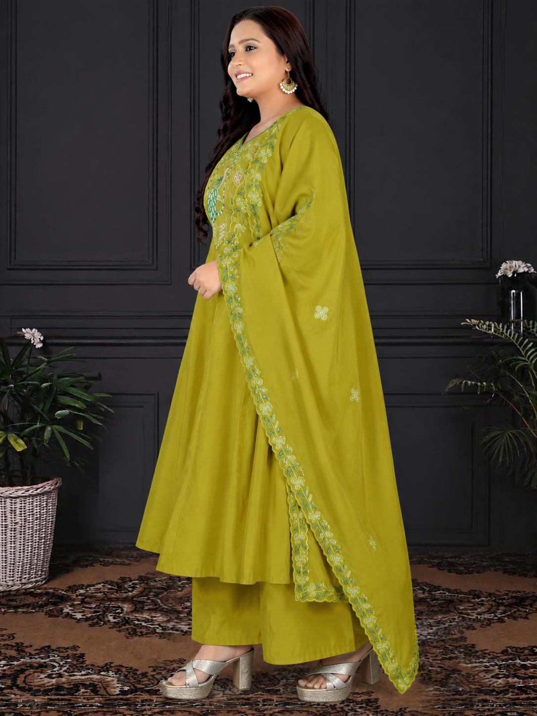 Women's Mustard Yellow Embroidered A-Line Kurta Set with Palazzo & Embroidered Dupatta