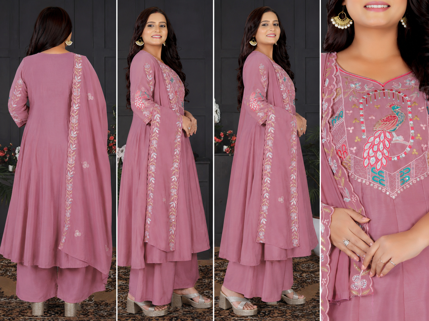 Women's Dusty Rose Pink Embroidered A-Line Kurta Set with Palazzo & Embroidered Dupatta