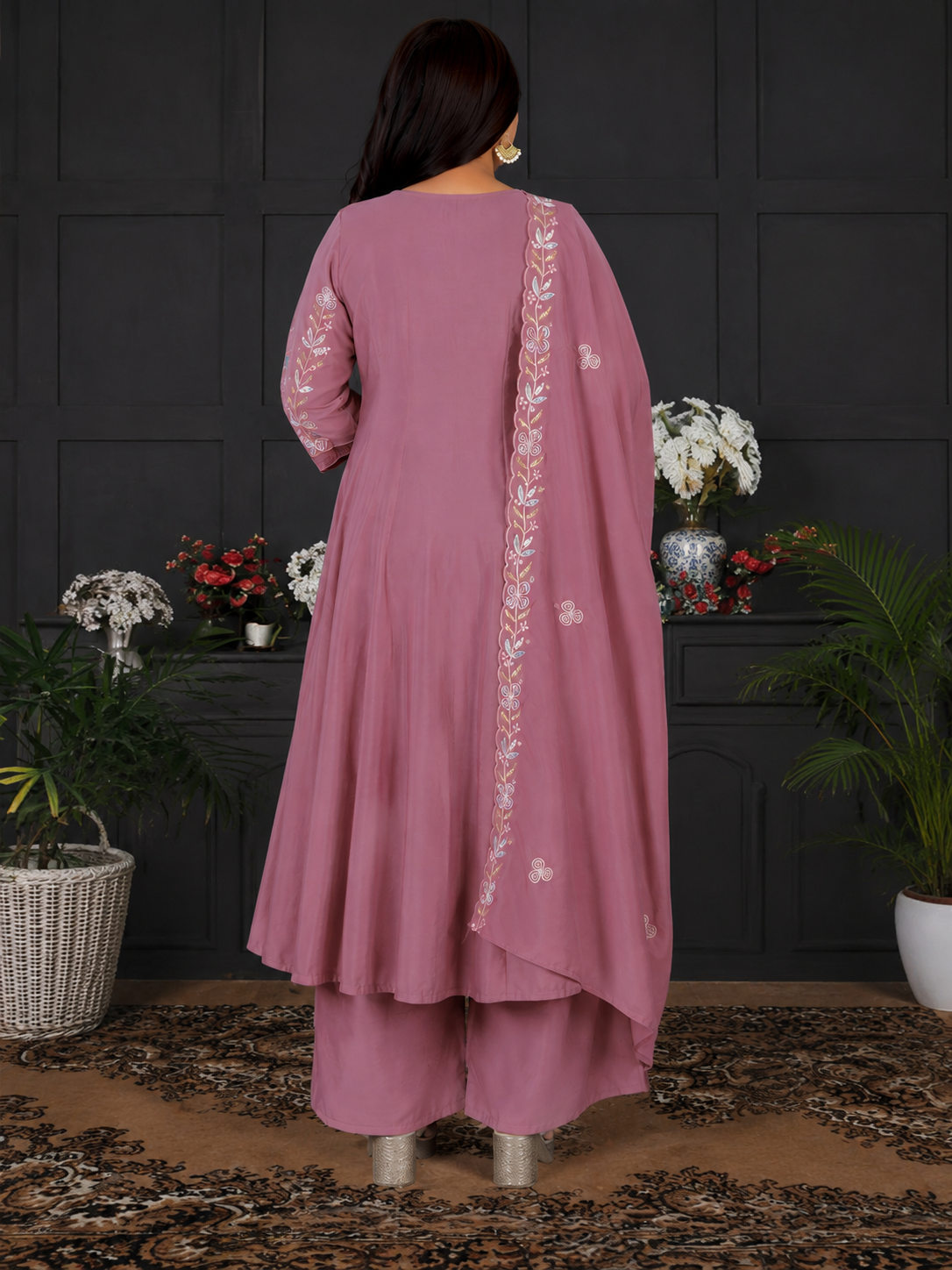 Women's Dusty Rose Pink Embroidered A-Line Kurta Set with Palazzo & Embroidered Dupatta
