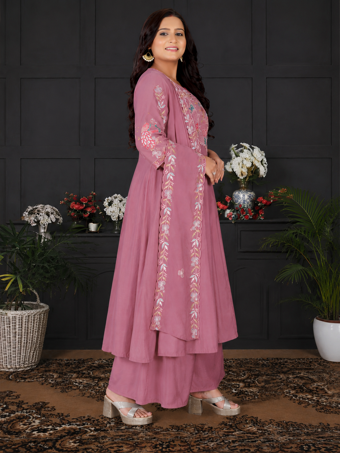 Women's Dusty Rose Pink Embroidered A-Line Kurta Set with Palazzo & Embroidered Dupatta