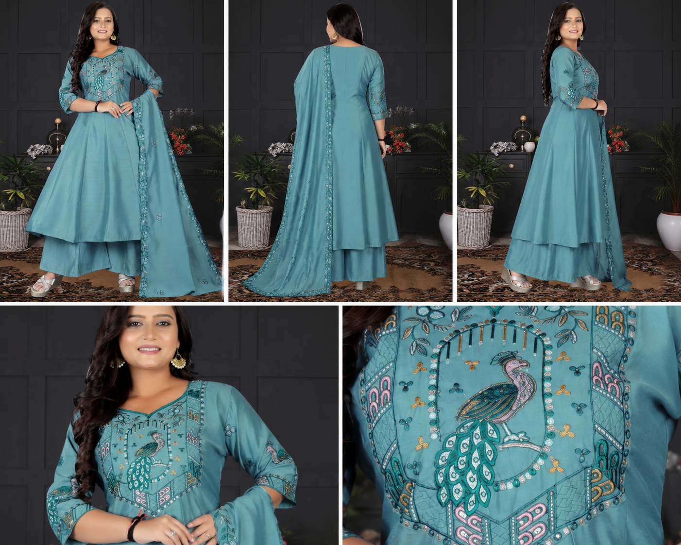 Women's Sky Blue Embroidered A-Line Kurta Set with Palazzo & Embroidered Dupatta
