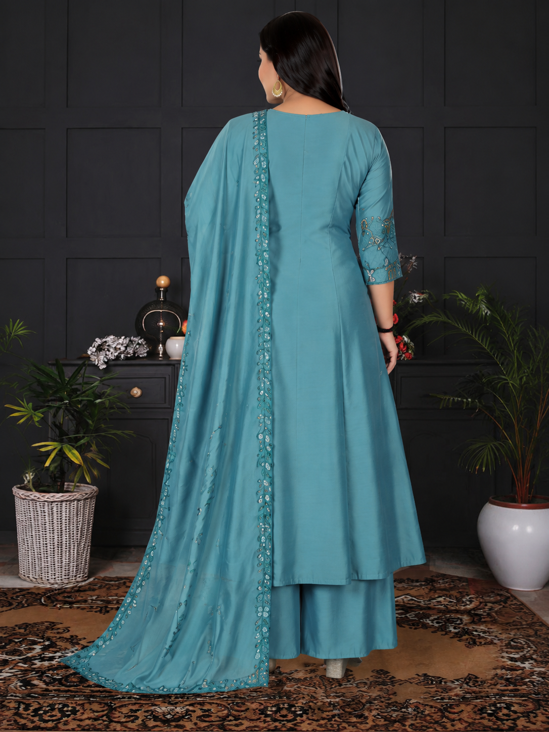 Women's Sky Blue Embroidered A-Line Kurta Set with Palazzo & Embroidered Dupatta