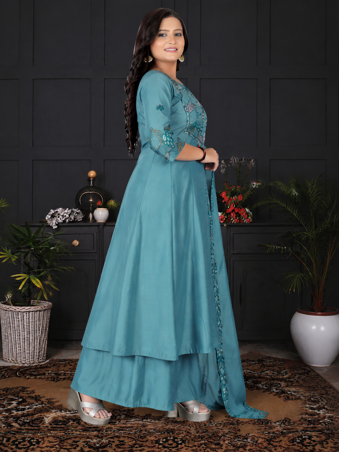 Women's Sky Blue Embroidered A-Line Kurta Set with Palazzo & Embroidered Dupatta