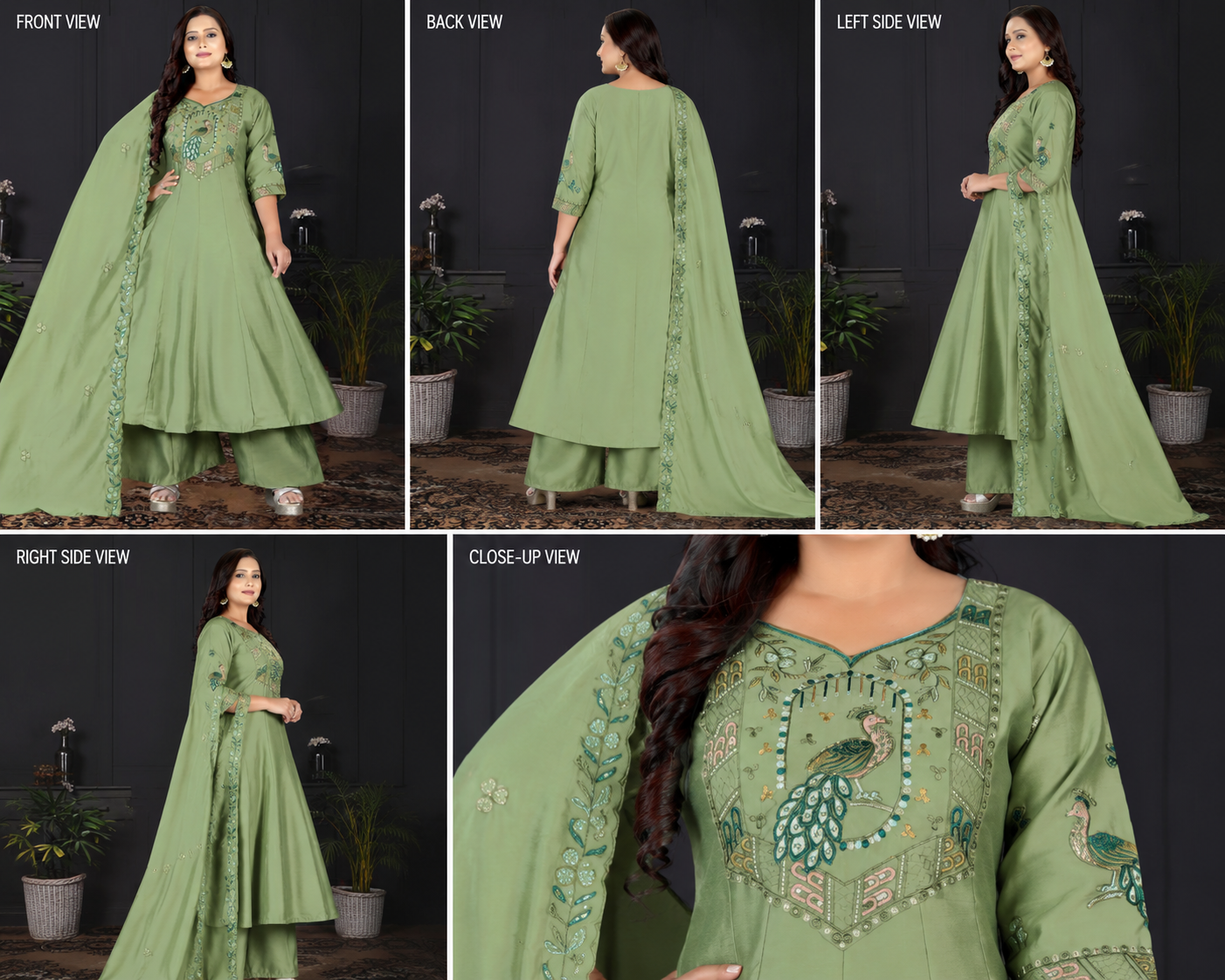 Women's Olive Green Embroidered A-Line Kurta Set with Palazzo & Embroidered Dupatta