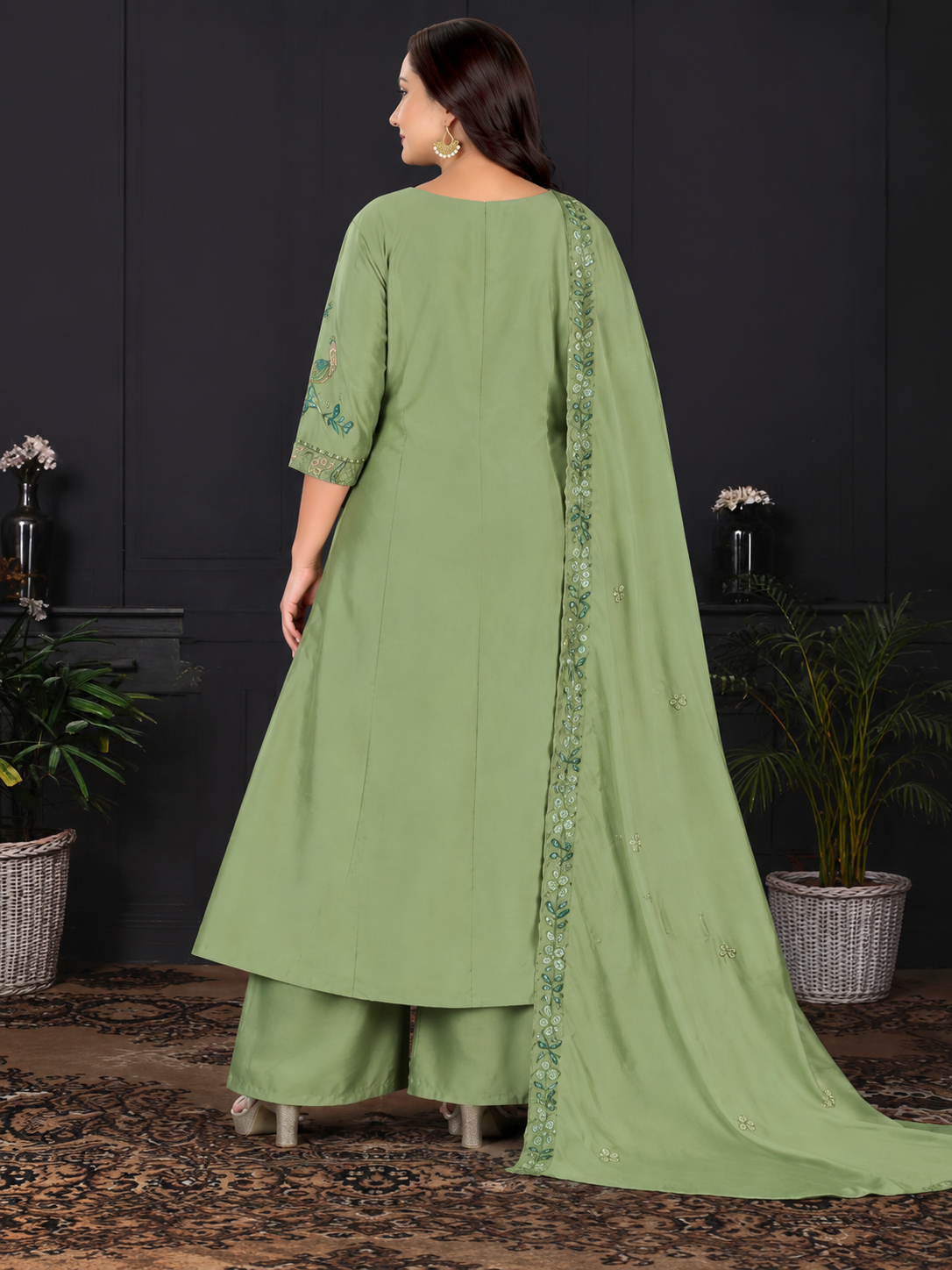 Women's Olive Green Embroidered A-Line Kurta Set with Palazzo & Embroidered Dupatta