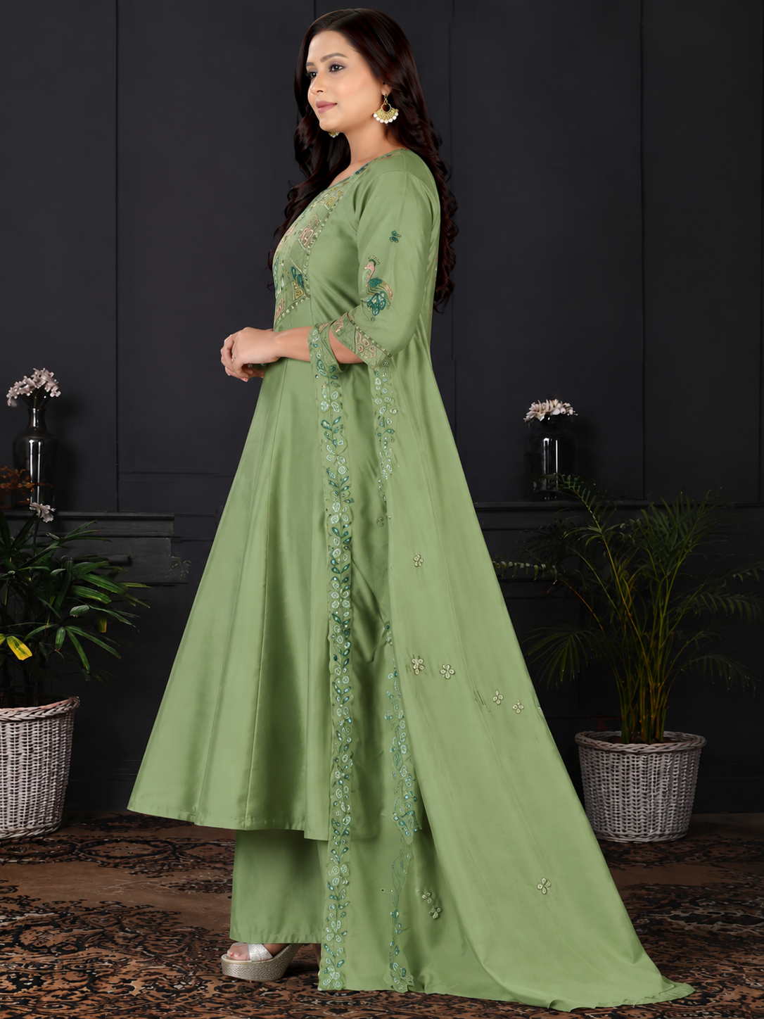 Women's Olive Green Embroidered A-Line Kurta Set with Palazzo & Embroidered Dupatta