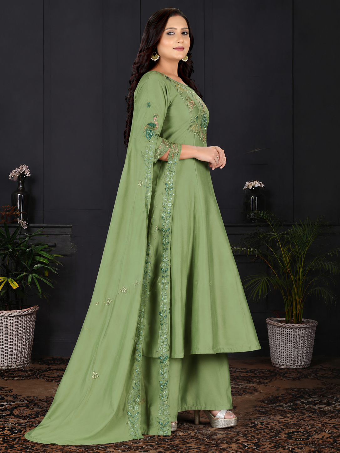 Women's Olive Green Embroidered A-Line Kurta Set with Palazzo & Embroidered Dupatta
