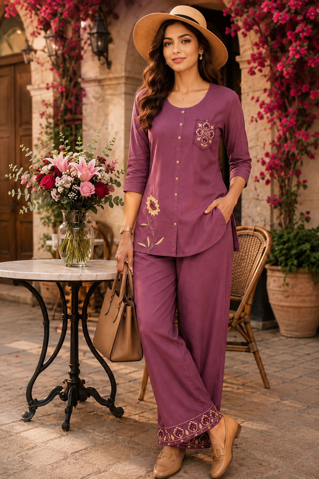 Women’s Elegant Teal Embroidered Kurta Pant Set – Floral Ethnic 2-Piece Suit with Wide-Leg Pant