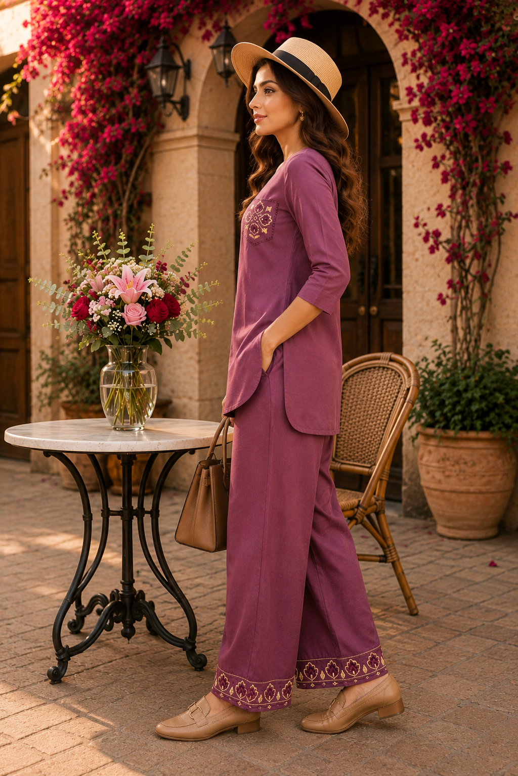 Women’s Elegant Teal Embroidered Kurta Pant Set – Floral Ethnic 2-Piece Suit with Wide-Leg Pant
