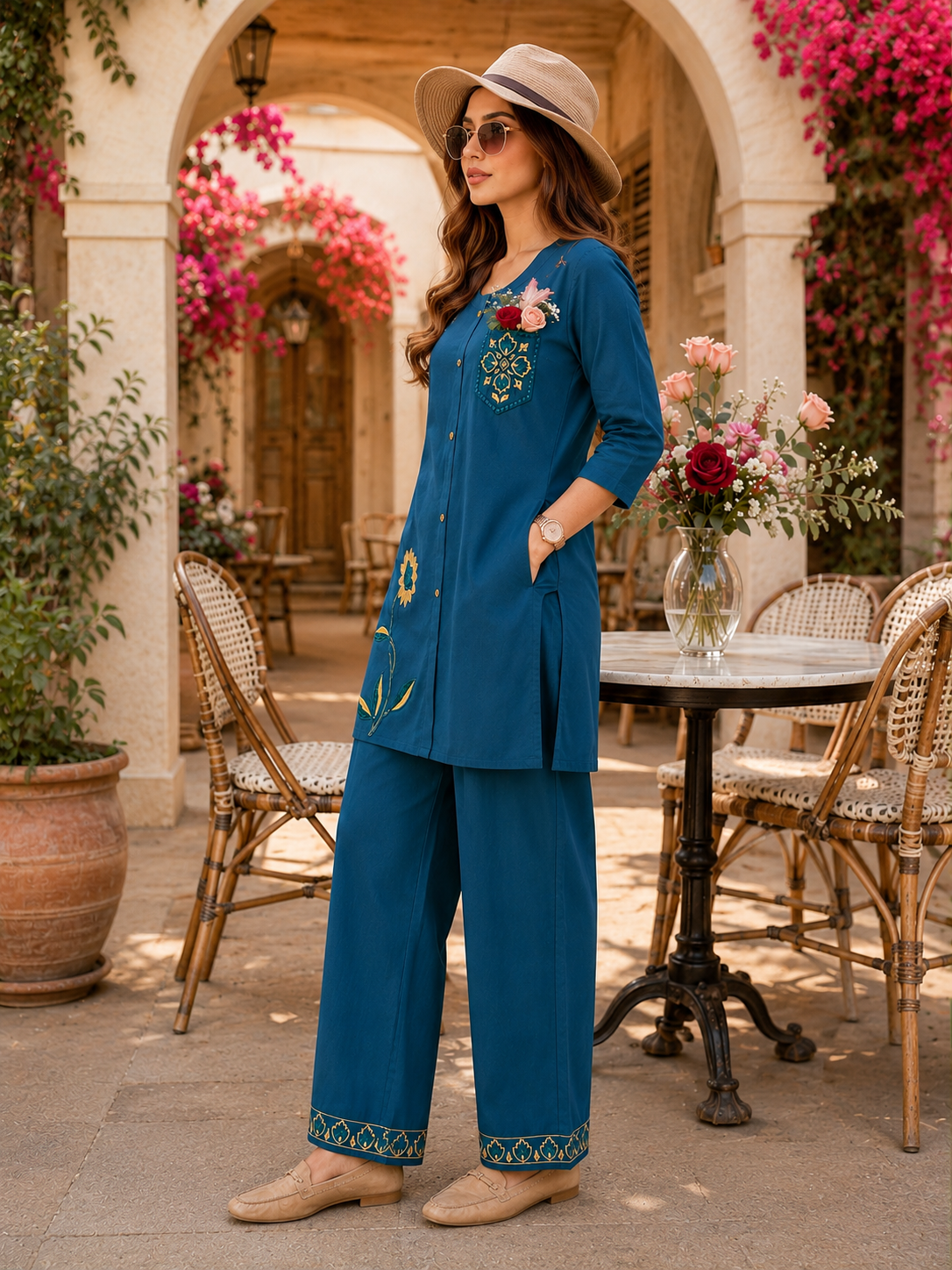 Women’s Elegant Teal Embroidered Kurta Pant Set – Floral Ethnic 2-Piece Suit with Wide-Leg Pant