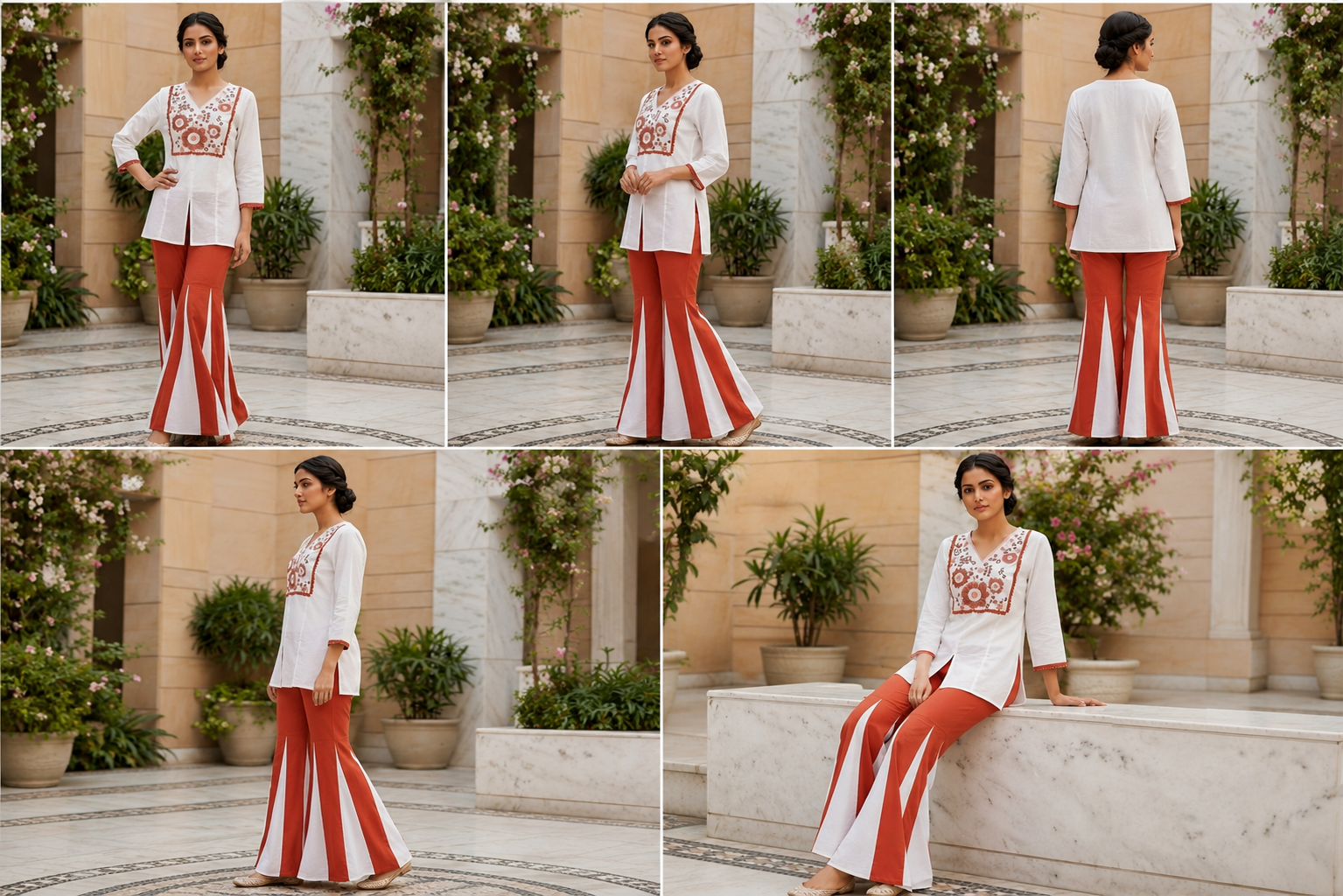 Elegant White Embroidered Cotton Kurti with Rust Flared Palazzo Set for Women | Premium Ethnic Wear