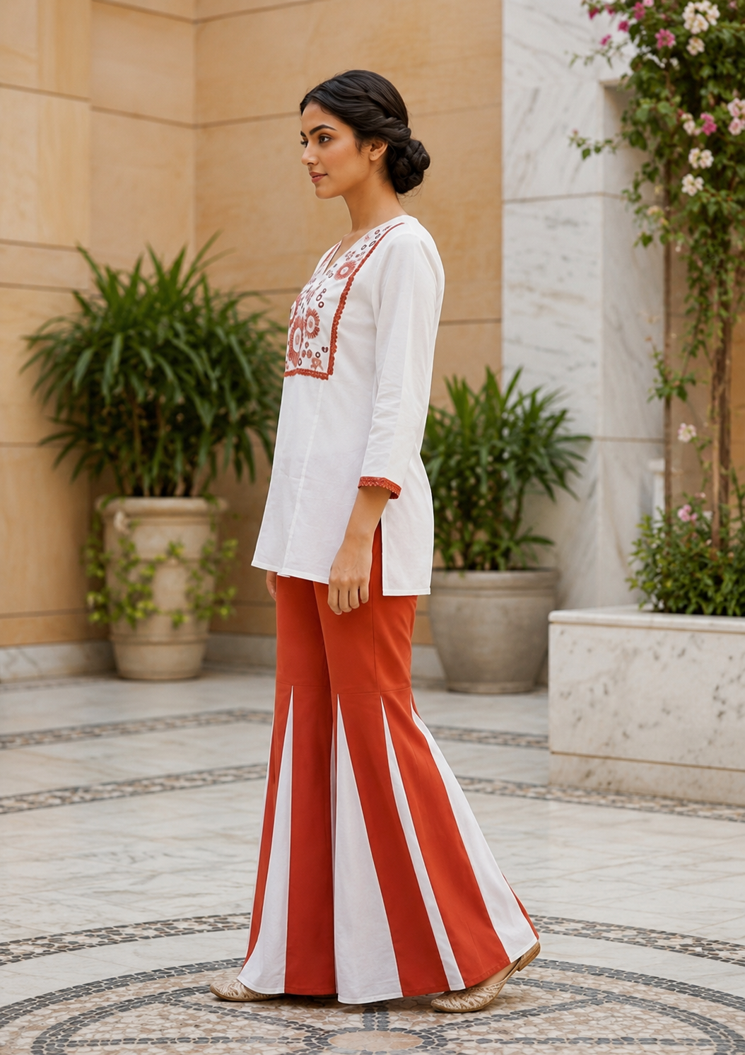 Elegant White Embroidered Cotton Kurti with Rust Flared Palazzo Set for Women | Premium Ethnic Wear