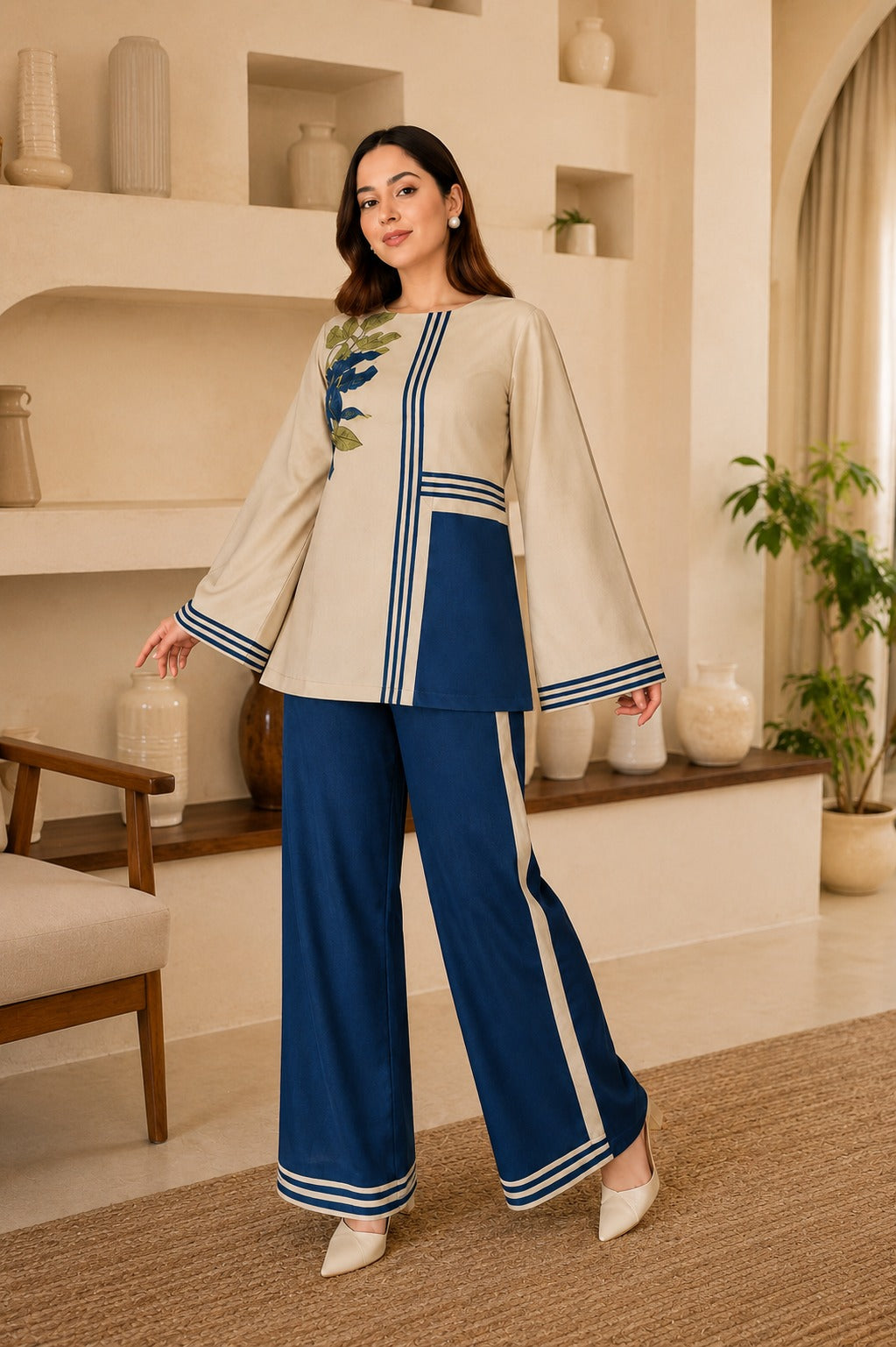 Women's Beige & Navy Blue Printed Co-Ord Set | Premium Casual Wear