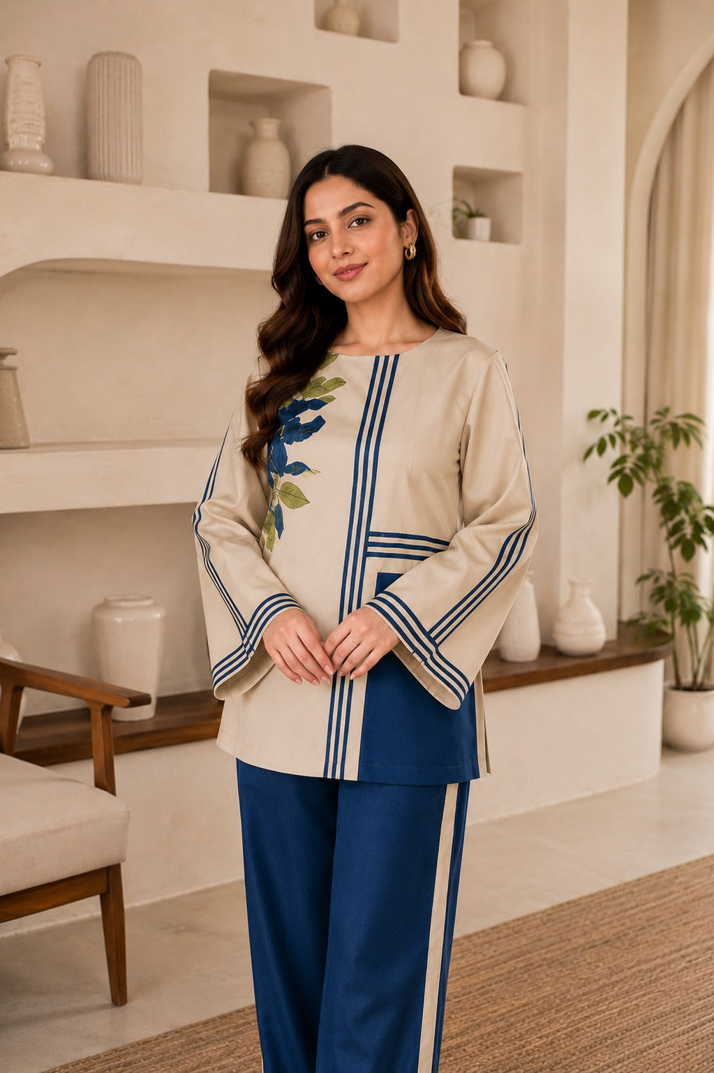Women's Beige & Navy Blue Printed Co-Ord Set | Premium Casual Wear