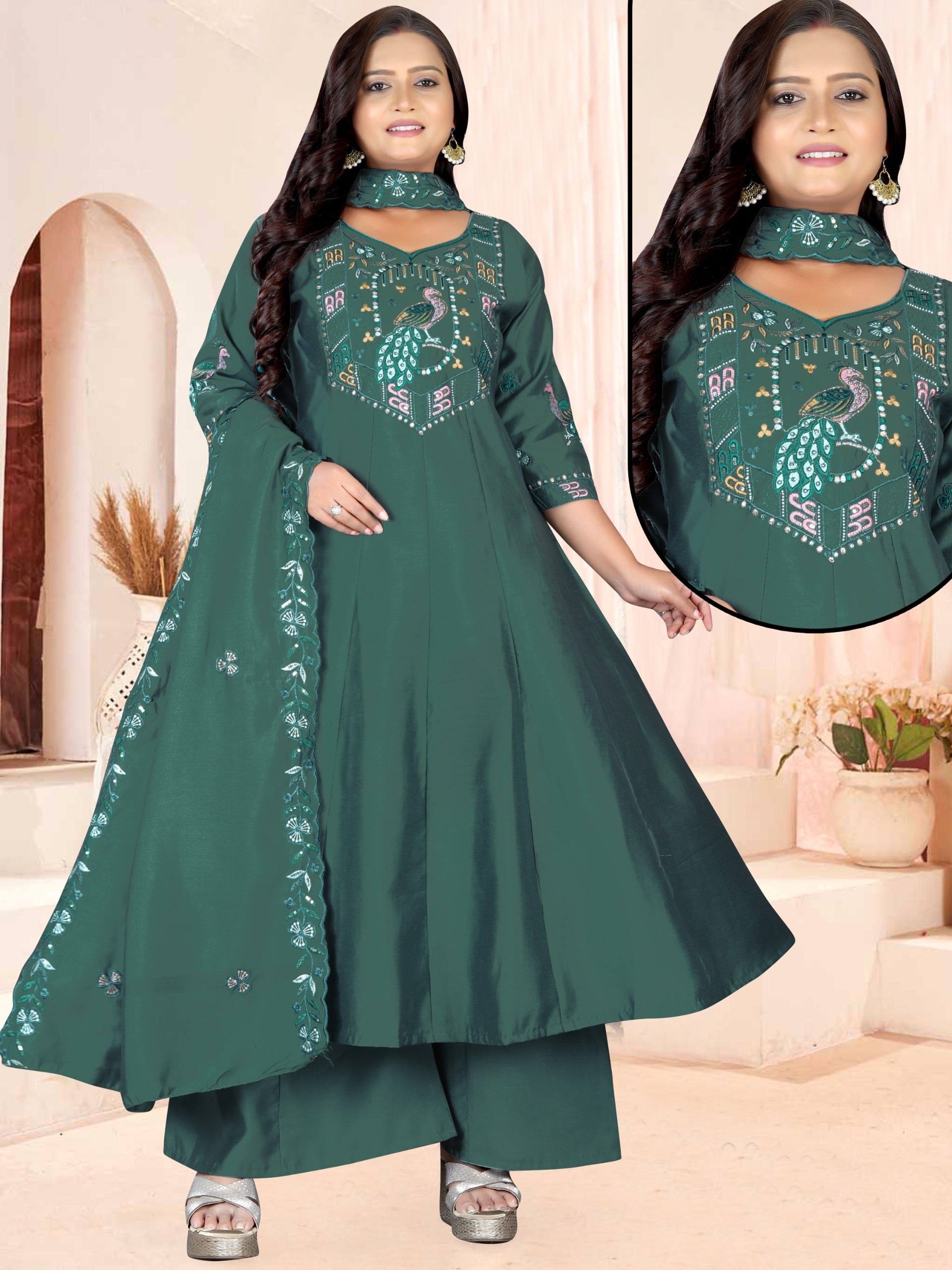 Women's Dark Teal Green Embroidered A-Line Kurta Set with Palazzo & Embroidered Dupatta