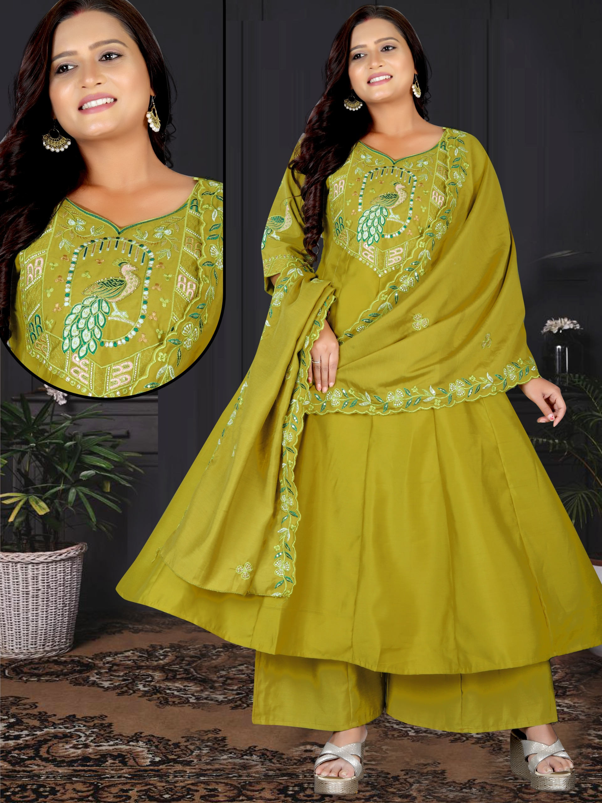Women's Mustard Yellow Embroidered A-Line Kurta Set with Palazzo & Embroidered Dupatta