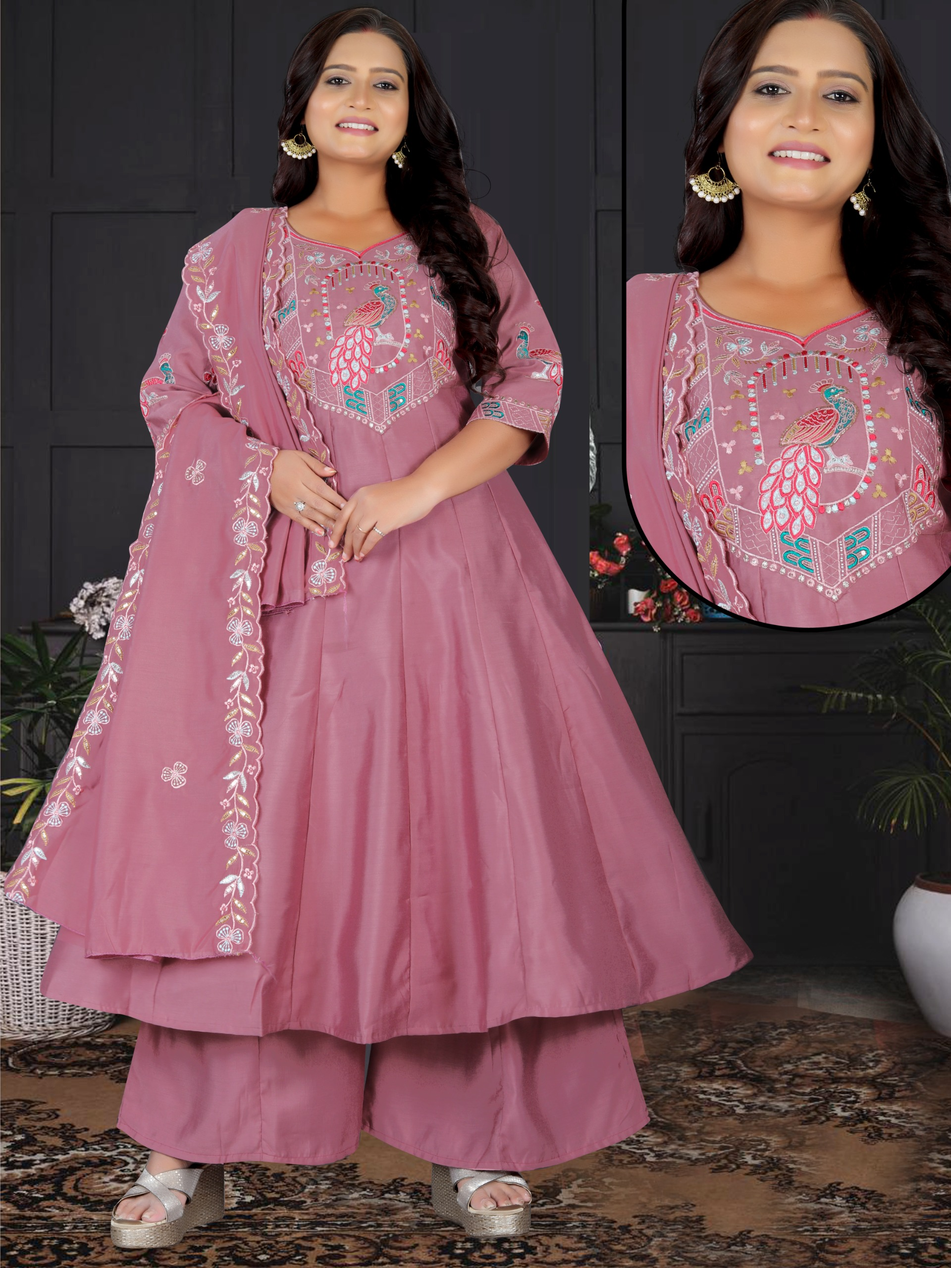 Women's Dusty Rose Pink Embroidered A-Line Kurta Set with Palazzo & Embroidered Dupatta