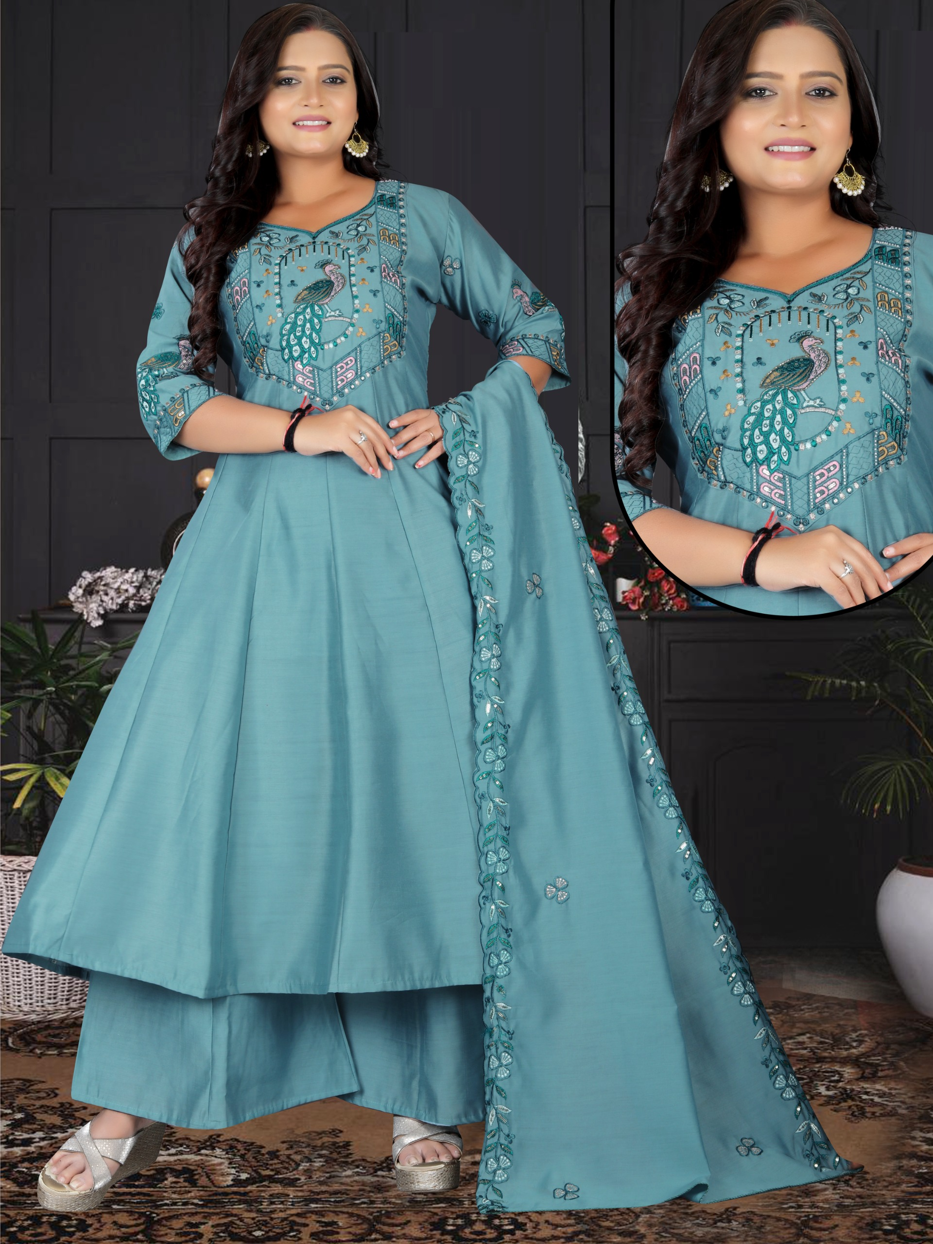 Women's Sky Blue Embroidered A-Line Kurta Set with Palazzo & Embroidered Dupatta
