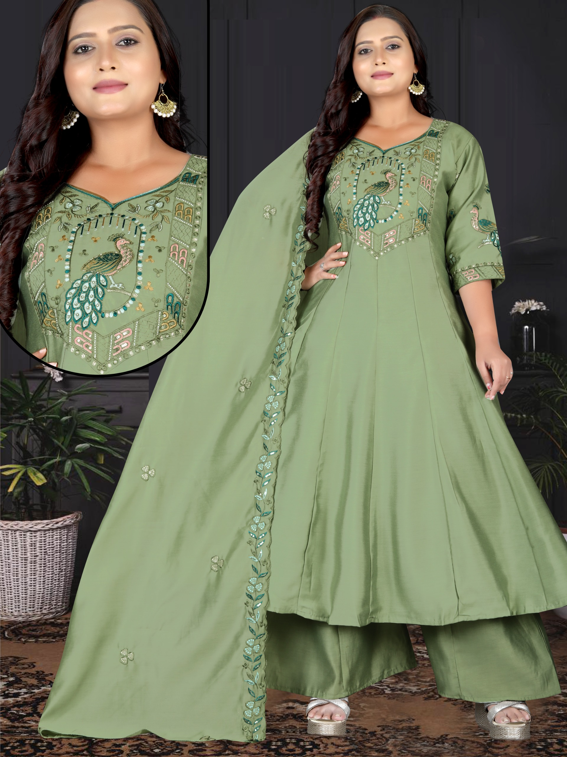 Women's Olive Green Embroidered A-Line Kurta Set with Palazzo & Embroidered Dupatta