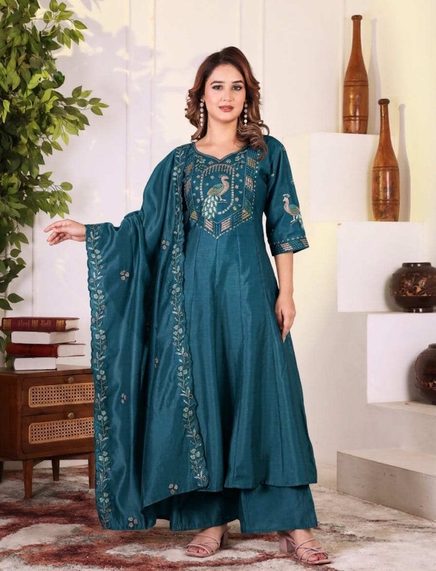 Women's Teal Blue Embroidered A-Line Kurta Set with Palazzo & Embroidered Dupatta