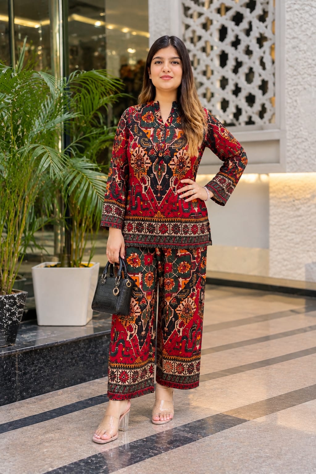 Women’s Printed Co-Ord Set – Elegant Ethnic Floral Kurta & Wide-Leg Pants