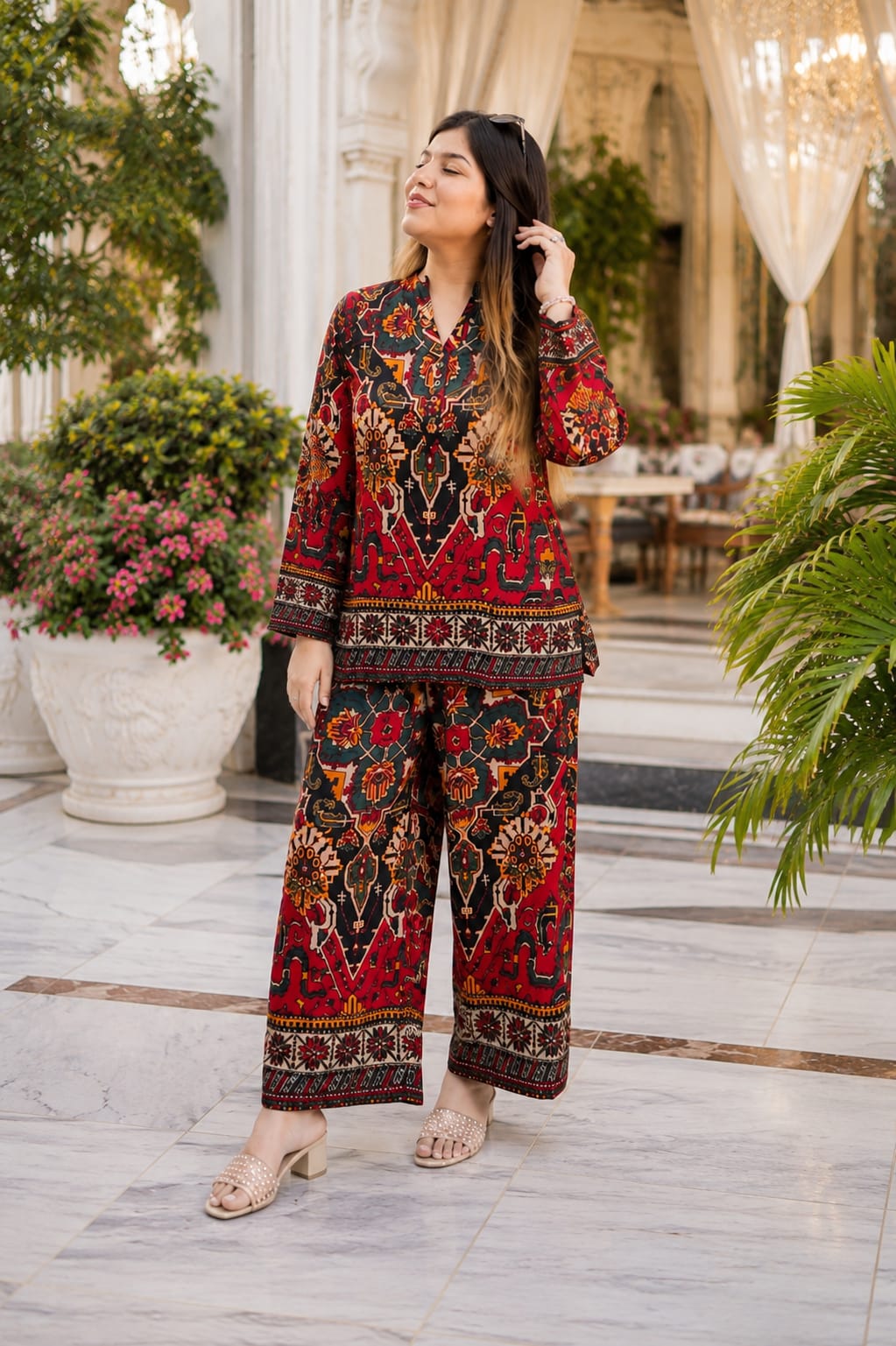 Women’s Printed Co-Ord Set – Elegant Ethnic Floral Kurta & Wide-Leg Pants